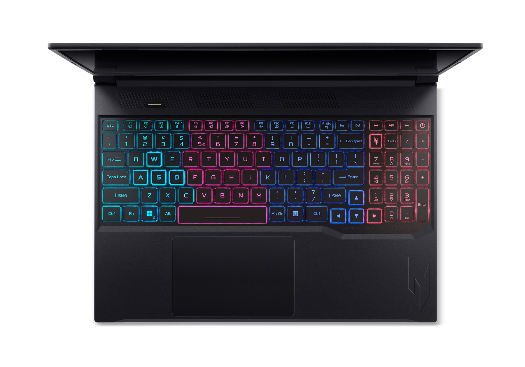 Esc F1 F2 F3 F4 F5 F6 F7 F8 F9 F10 F11 F12 PrtSc Ins Del  
Tab Q W E R T Y U I O P [ ] \  
Caps Lock A S D F G H J K L ; ' Enter  
Shift Z X C V B N M , . / Shift  
Ctrl Fn Windows Alt Spacebar Alt Gr Ctrl  
Num Lock 7 8 9 - / * + - Backspace  
4 5 6 7 8 9 0 . - Enter  
Home PgUp PgDn End PgDn  
Ctrl Fn Windows Alt Spacebar Alt Gr Ctrl