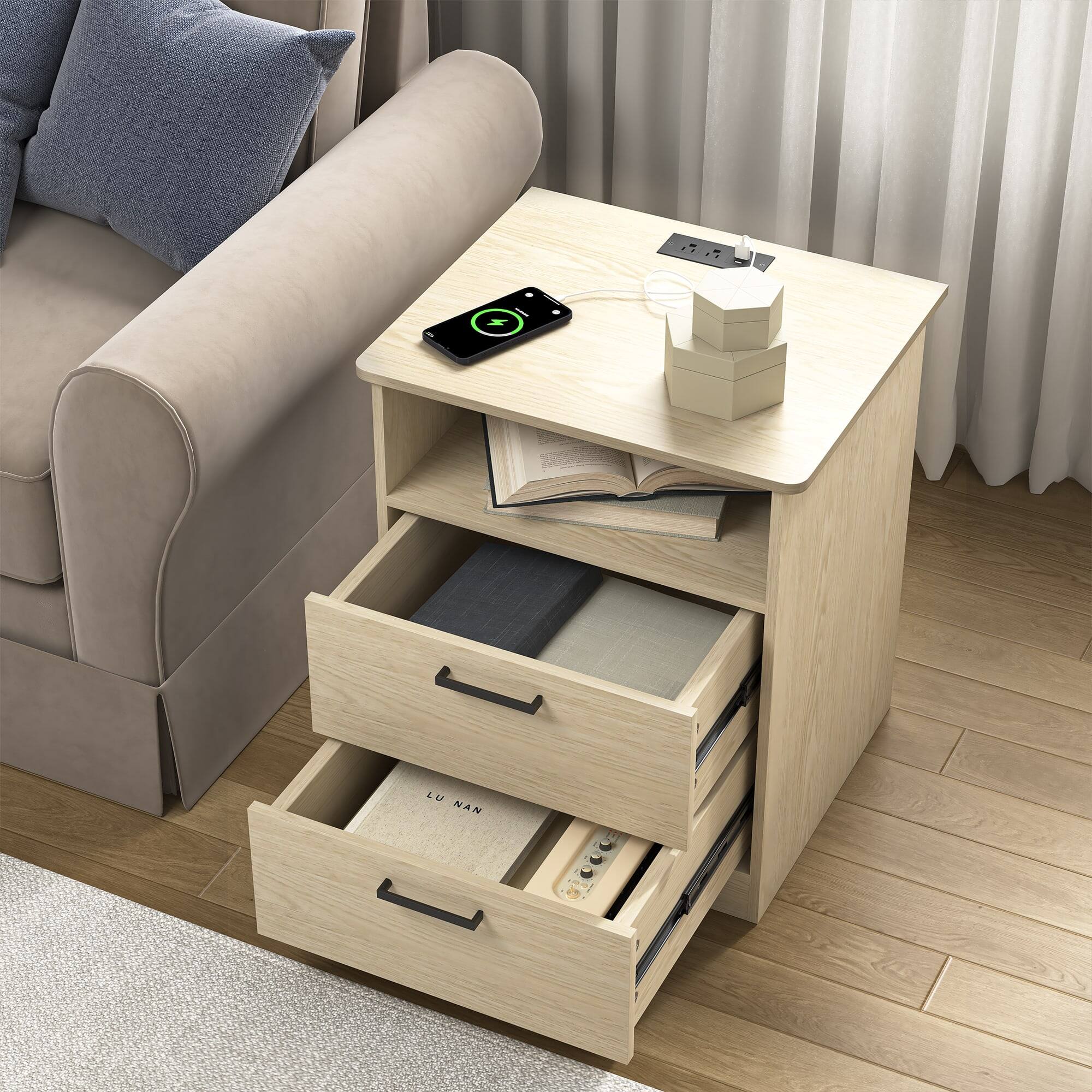 Angle. Kadyn - Kadyn Wood Nightstand With Charging Station, Bedside Table With 2 Drawers, Bedroom, Light Brown - Light Brown.