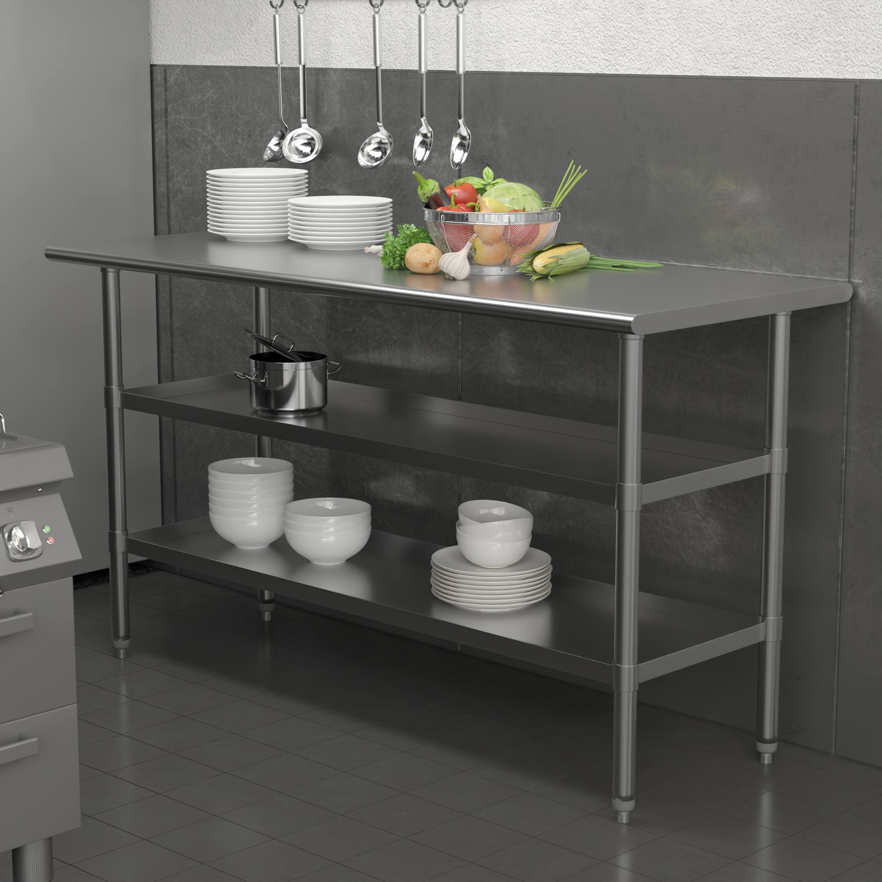 Alt View 1. Emma + Oliver - NSF Certified Stainless Steel 18 Gauge Work Table with 2 Undershelves - Stainless Steel.