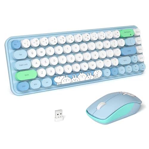 Stamp n Camp - Wireless And Mouse Cute Keyboards With Colorful 68 Keys Typewriter Retro Round Keycap For Pc Laptop Tablet Computer - i D Blue Colorful