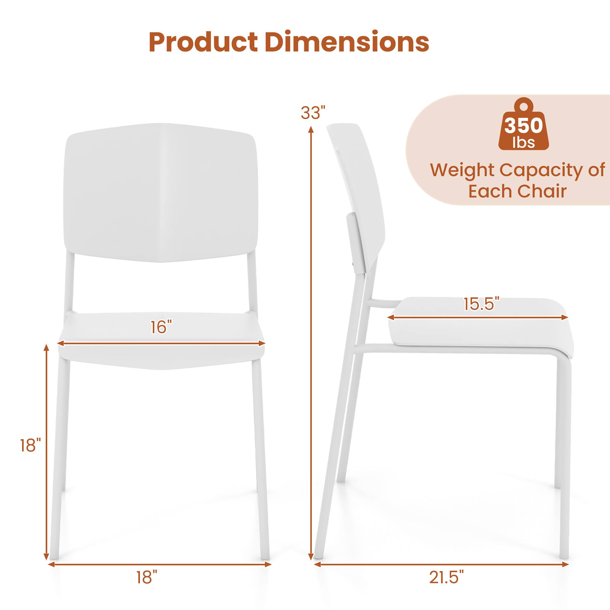 Product Dimensions

- Height: 33"
- Seat Width: 16"
- Seat Depth: 18"
- Back Height: 33"
- Back Width: 15.5"
- Overall Width: 21.5"

Weight Capacity of Each Chair: 350 lbs