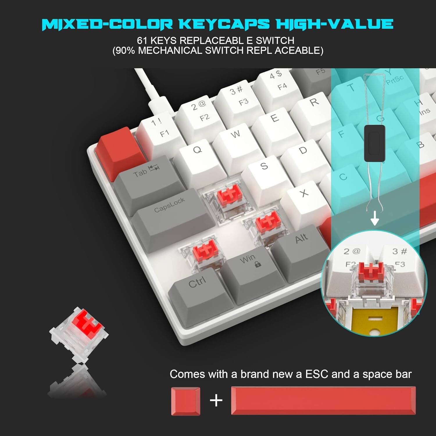 MageGee 60% Mechanical Gaming Keyboard,Mixed Color Keycaps with Red ...