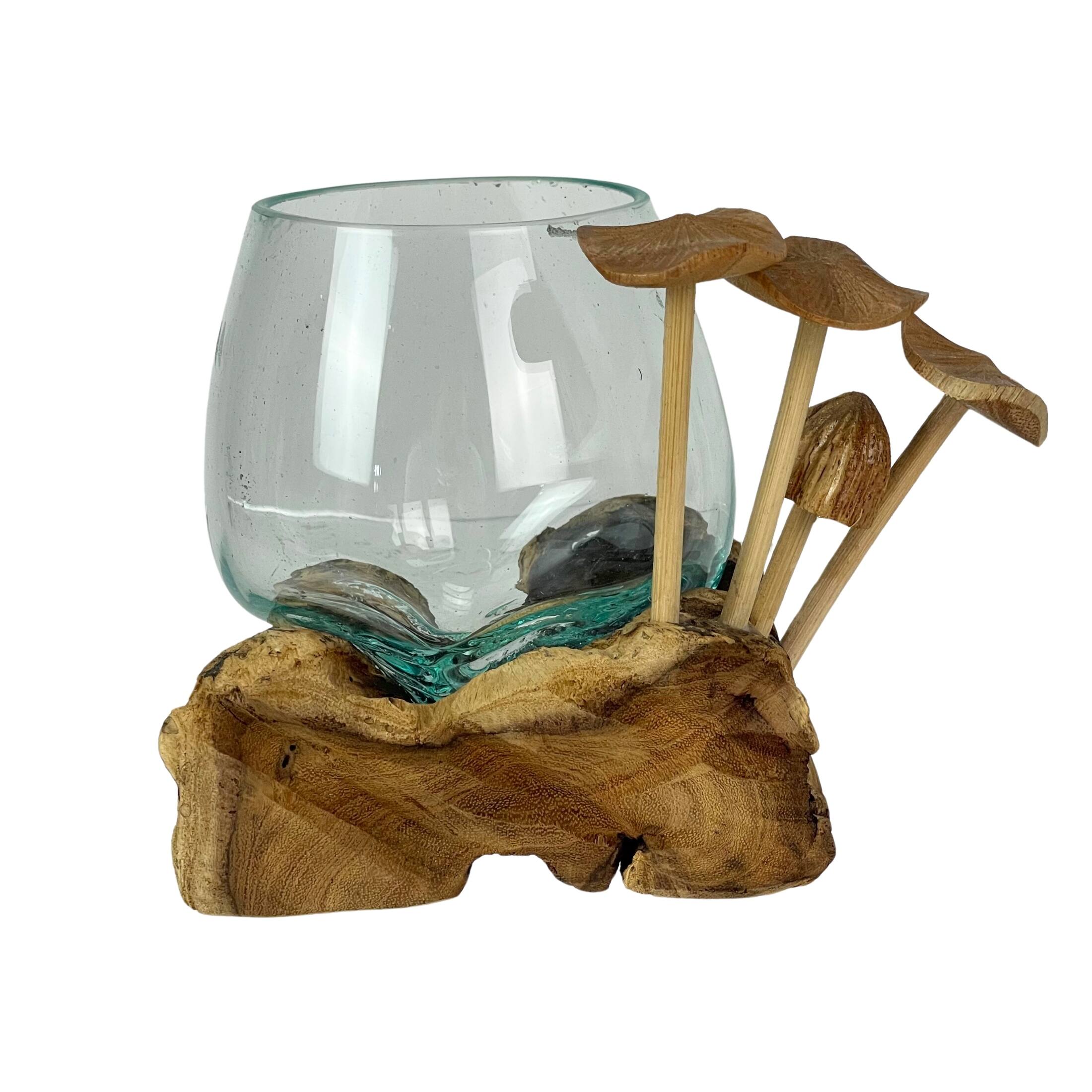Alt View 5. Things2Die4 - Handcrafted Glass Vase with Teak Driftwood and Wood Mushroom Embellishments - Brown.
