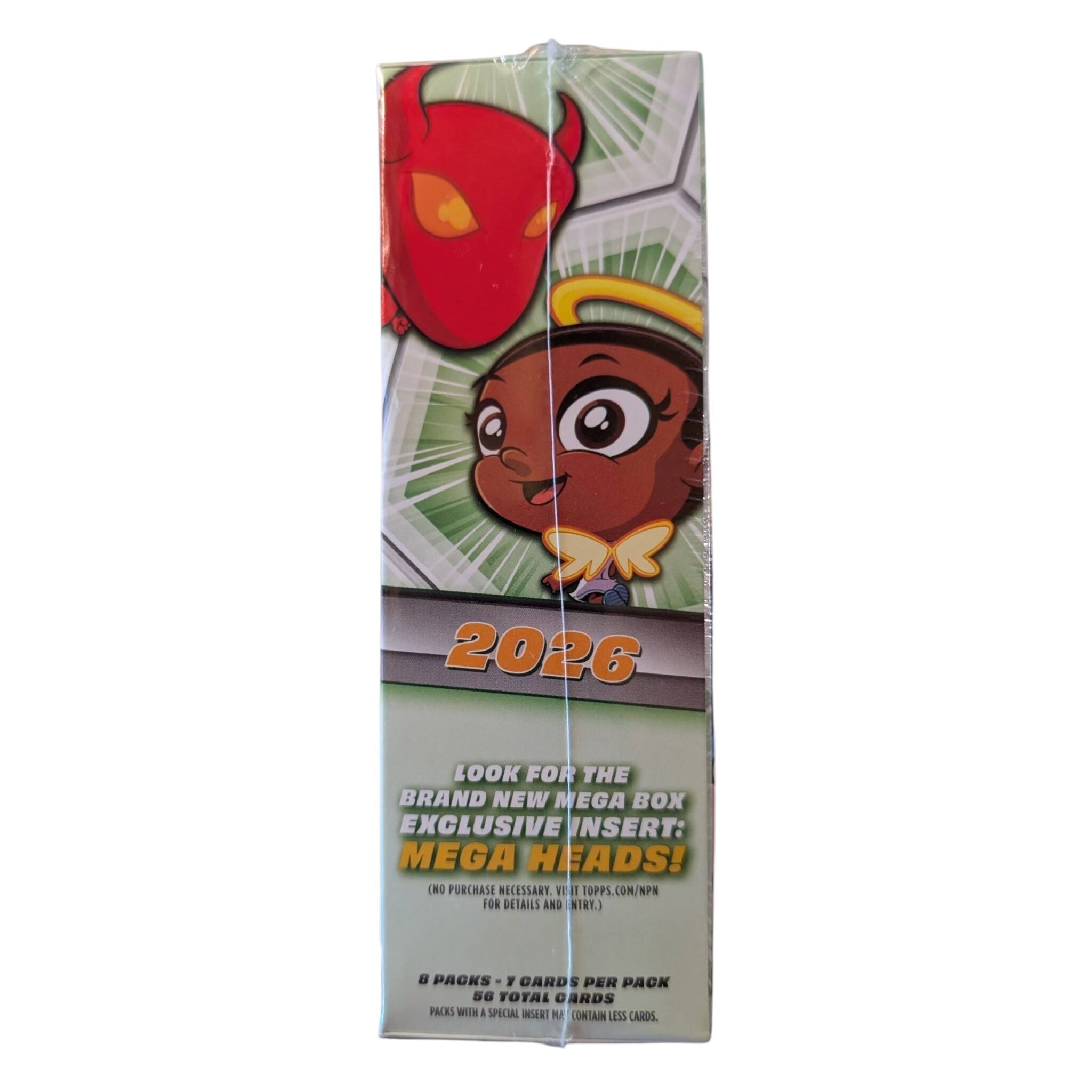 2026 LOOK FOR THE BRAND NEW MEGA BOX EXCLUSIVE INSERT: MEGA HEADS! (NO PURCHASE NECESSARY. VISIT TOPPS.COM/NPN FOR DETAILS AND ENTRY.) 8 PACKS - 7 CARDS PER PACK 56 TOTAL CARDS. PACKS WITH A SPECIAL INSERT MAY CONTAIN LESS CARDS.