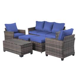 Decksplore - 6-Piece Outdoor Patio Wicker Furniture Set with Storage Coffee Table and Beige Cushions - Navy blue