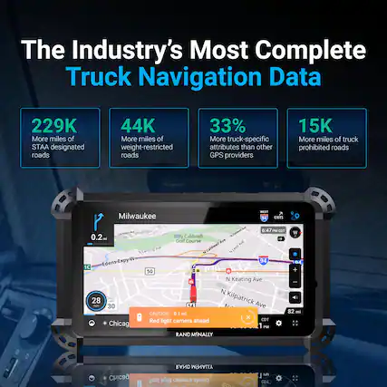 The Industry's Most Complete Truck Navigation Data
- 229K More miles of STAA designated roads
- 44K More miles of weight-restricted roads
- 33% More truck-specific attributes than other GPS providers
- 15K More miles of truck prohibited roads
Milwaukee
- 0.2 mi
- 28 mph
- CAUTION 0.1 mi Red light camera ahead
- Chicago
- 82 mi
- 6:47 PM CDT
- WEST
- EXITS
- W
- 1C
- Edens-Expy-W
- 50
- N Keating Ave
- N Kilpatrick Ave
- N Lansing Ave
- Billy Caldwell Golf Course
- N Caldeni
- 94
- 82 mi
- 1 PM
- CDT
- RAND MENALLY
- CD.L.