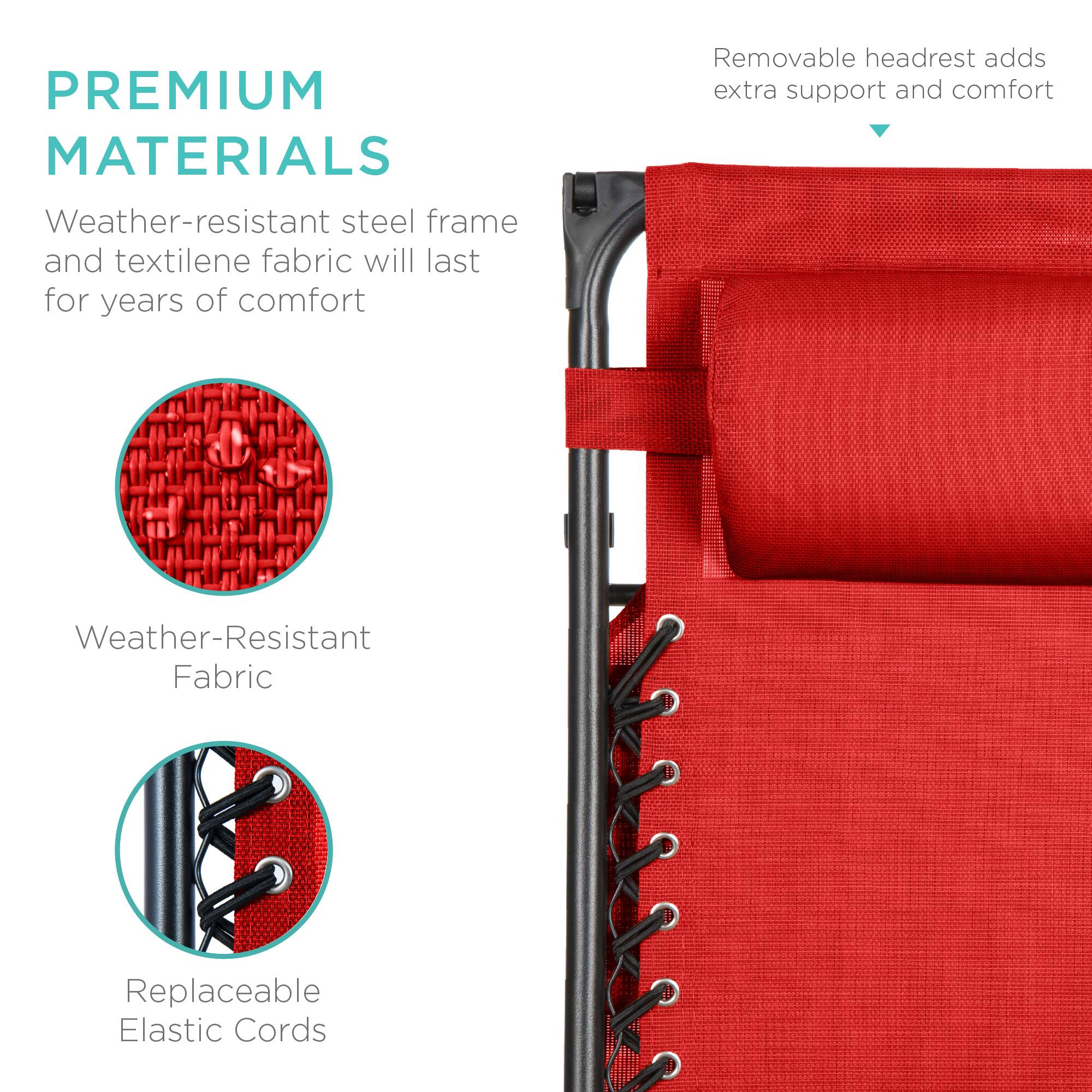 PREMIUM MATERIALS  
Weather-resistant steel frame and textilene fabric will last for years of comfort  
Removable headrest adds extra support and comfort  
Weather-Resistant Fabric  
Replaceable Elastic Cords
