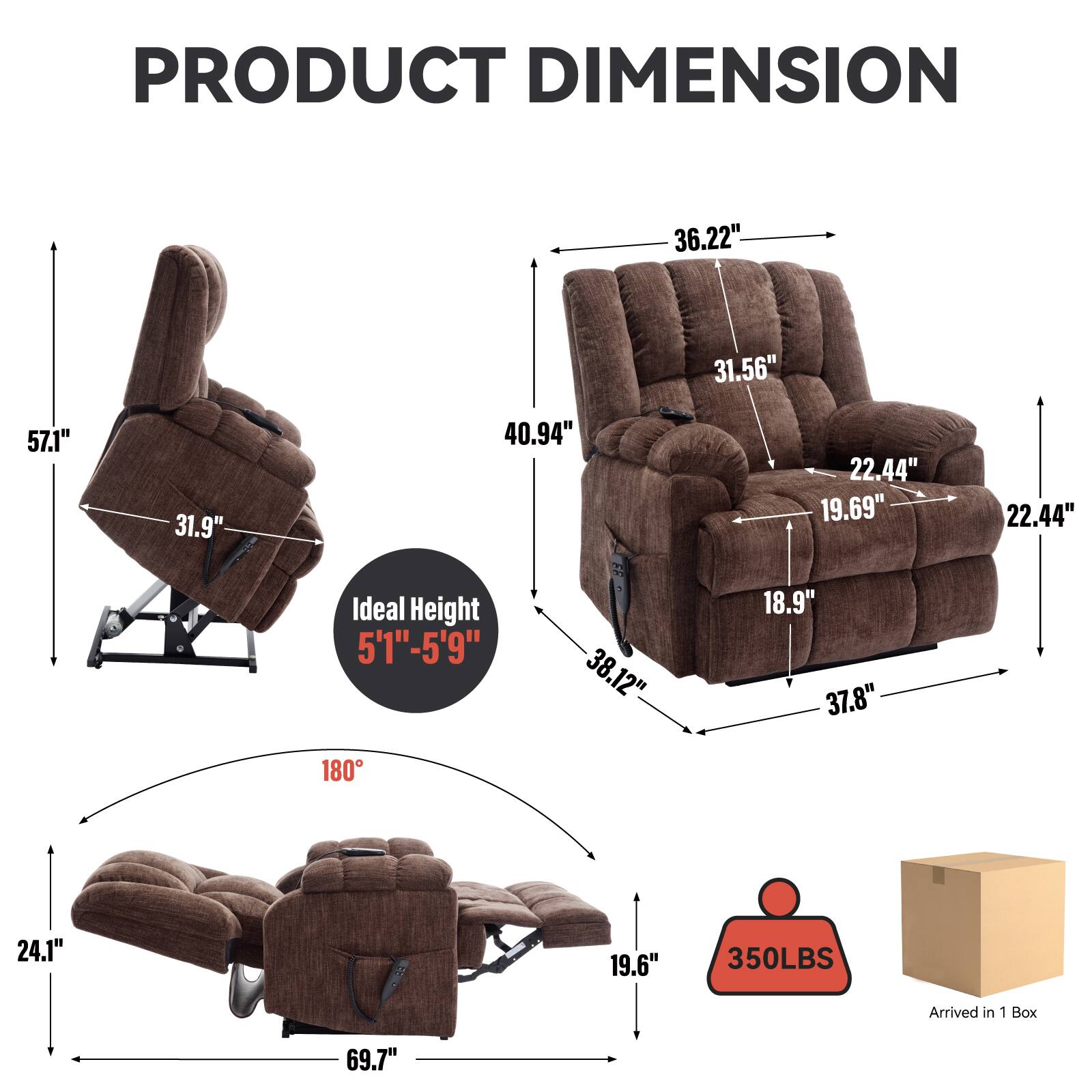 PRODUCT DIMENSION

- Width: 36.22"
- Depth: 31.56"
- Height: 57.1"
- Seat Height: 31.9"
- Armrest Height: 40.94"
- Back Height: 38.12"
- Seat Depth: 22.44"
- Armrest Width: 19.69"
- Side Armrest Width: 22.44"
- Seat Width: 37.8"
- Seat Depth: 18.9"
- Base Width: 69.7"
- Base Depth: 24.1"
- Base Height: 19.6"
- Weight Capacity: 350LBS

Ideal Height: 5'1" - 5'9"

Arrived in 1 Box