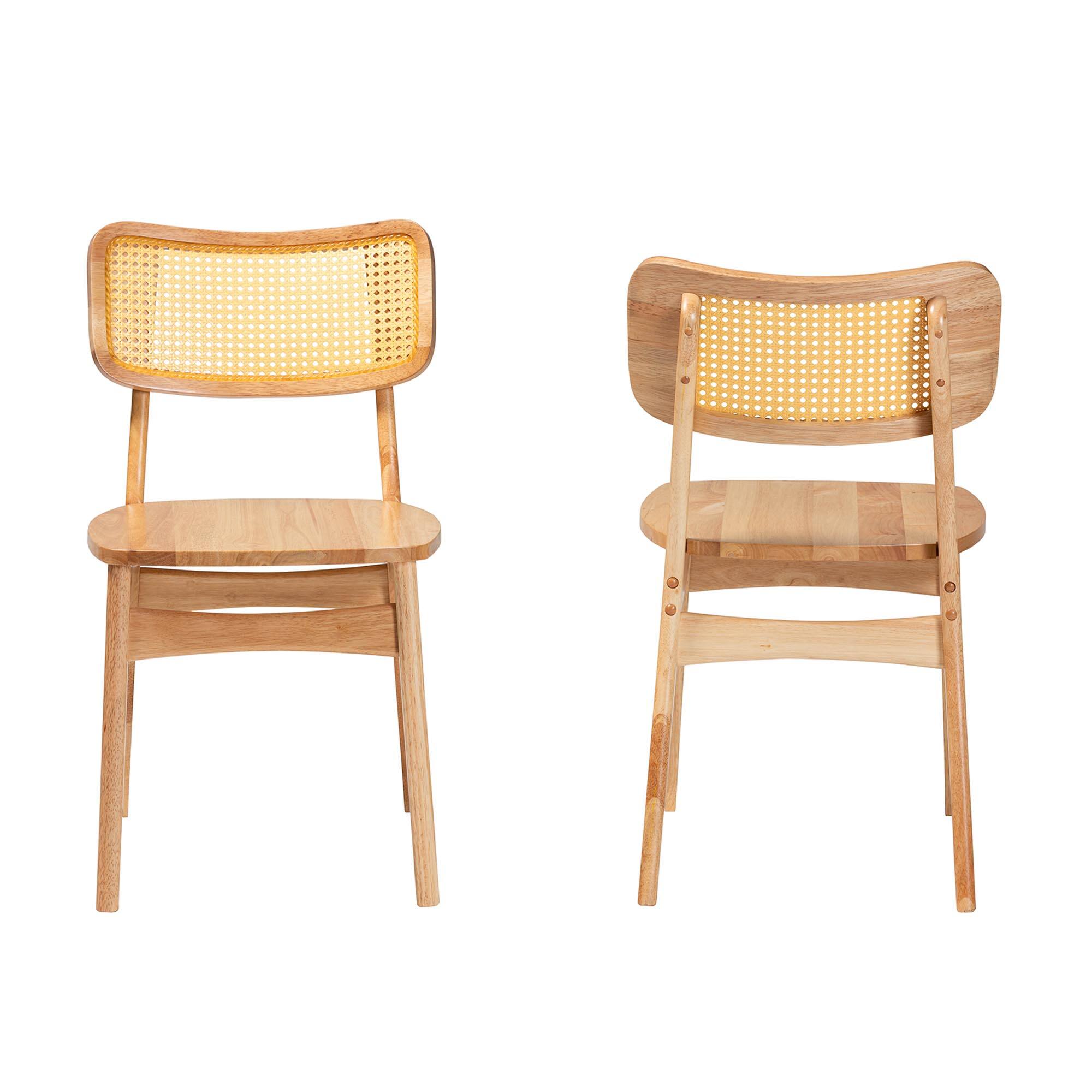Angle. Baxton Studio - Tadeo Mid-Century Modern Oak Finished Wood and Rattan 2-Piece Dining Chair Set - Oak Brown/Light Brown.