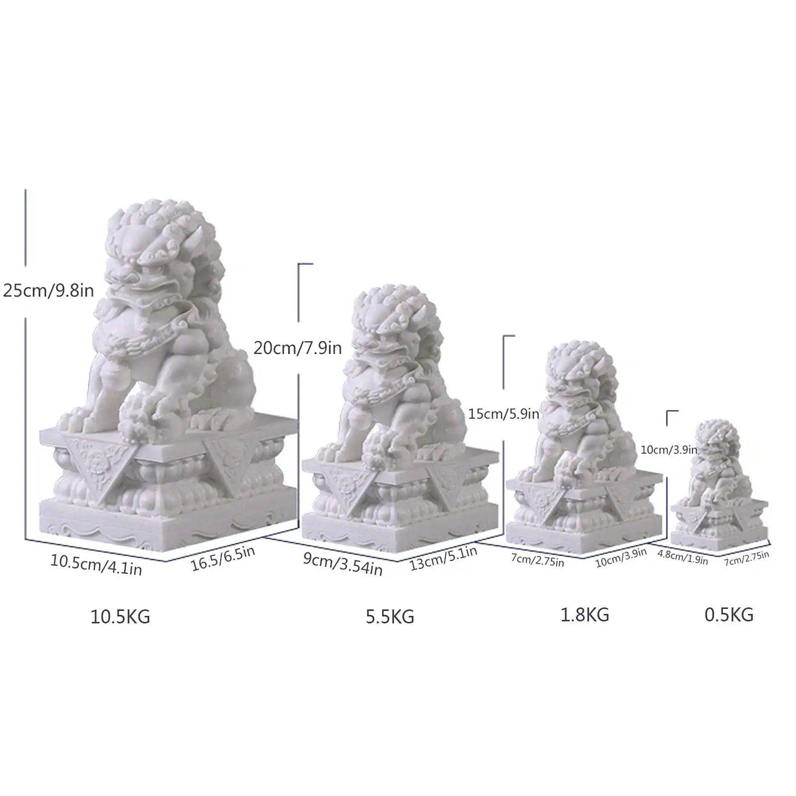 - 25cm/9.8in
- 20cm/7.9in
- 15cm/5.9in
- 10cm/3.9in
- 10.5cm/4.1in
- 16.5cm/6.5in
- 9cm/3.54in
- 13cm/5.1in
- 7cm/2.75in
- 10cm/3.9in
- 4.8cm/1.9in
- 7cm/2.75in

- 10.5KG
- 5.5KG
- 1.8KG
- 0.5KG