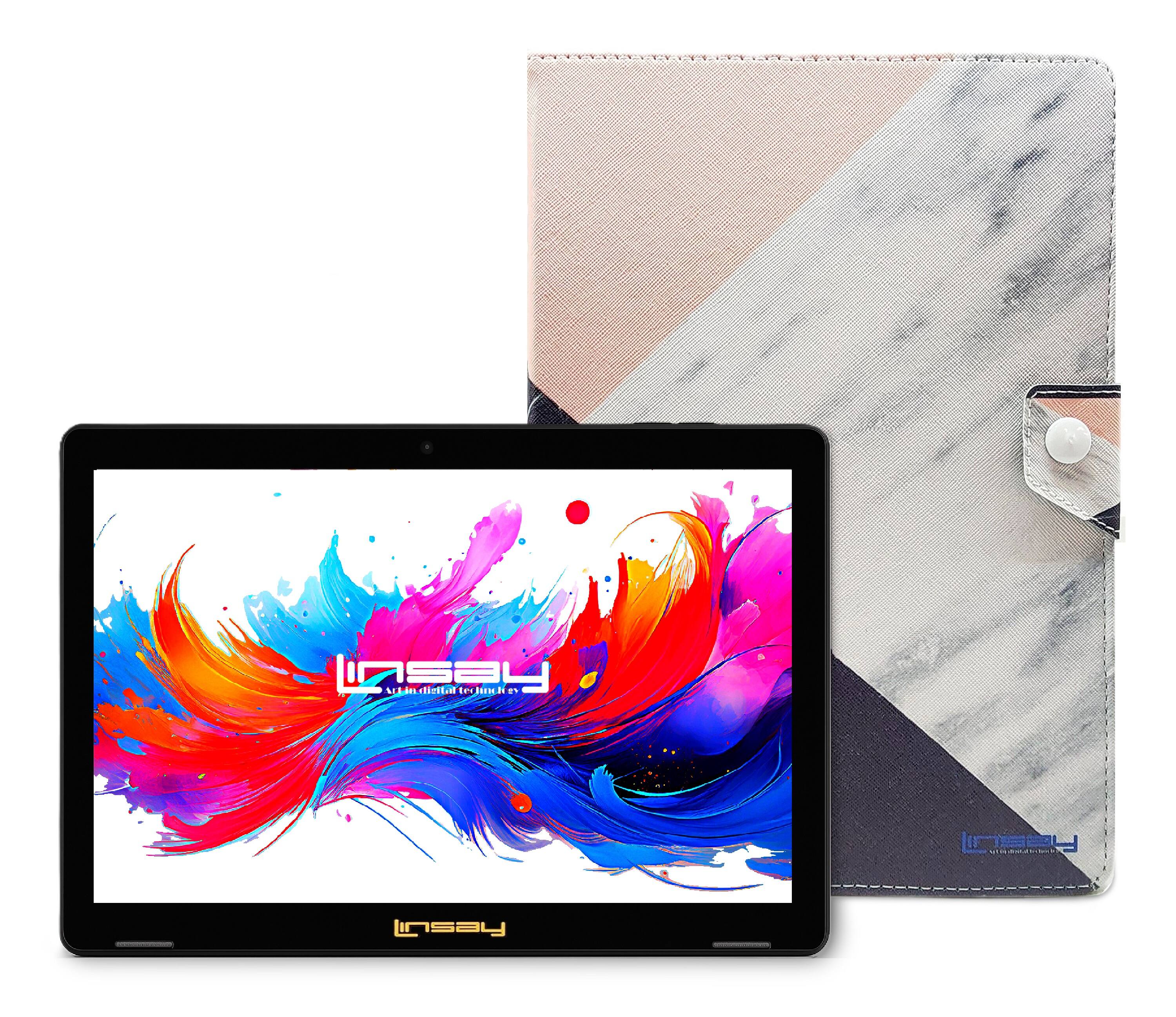 LINSAY - 10.1"Octa Core 256GB Storage Android 15 Tablet with Pink White Marble Case - Black