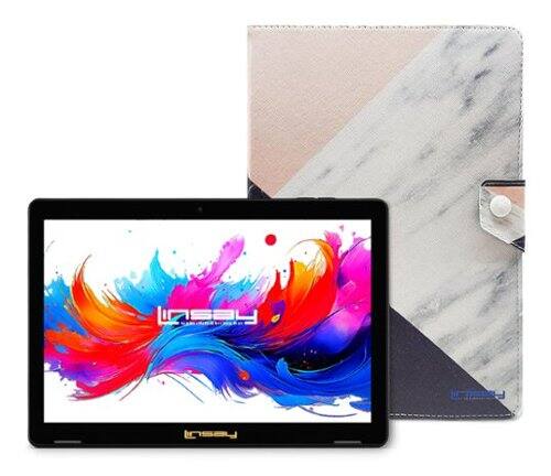 LINSAY - 10.1"Octa Core 256GB Storage Android 15 Tablet with Pink White Marble Case - Black