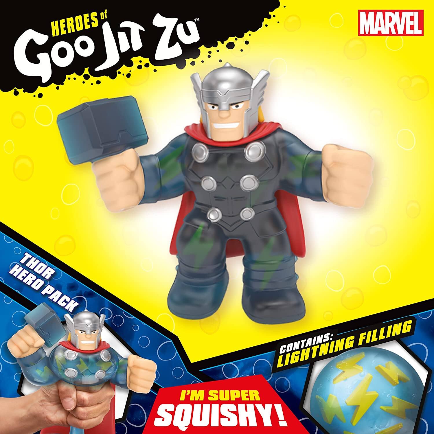 HEROES of Goo Jit Zu  
MARVEL HERO THOR PACK  
CONTAINS: LIGHTNING FILLING  
I'M SUPER SQUISHY!