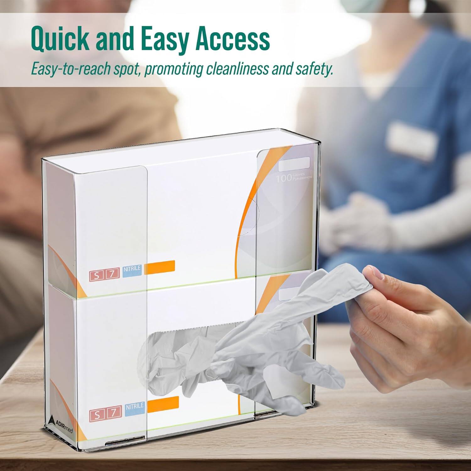 Quick and Easy Access, Easy-to-reach spot, promoting cleanliness and safety. Gloves 100 as NITRILE S7 S 7 ADIRmed S 7 NITRILE