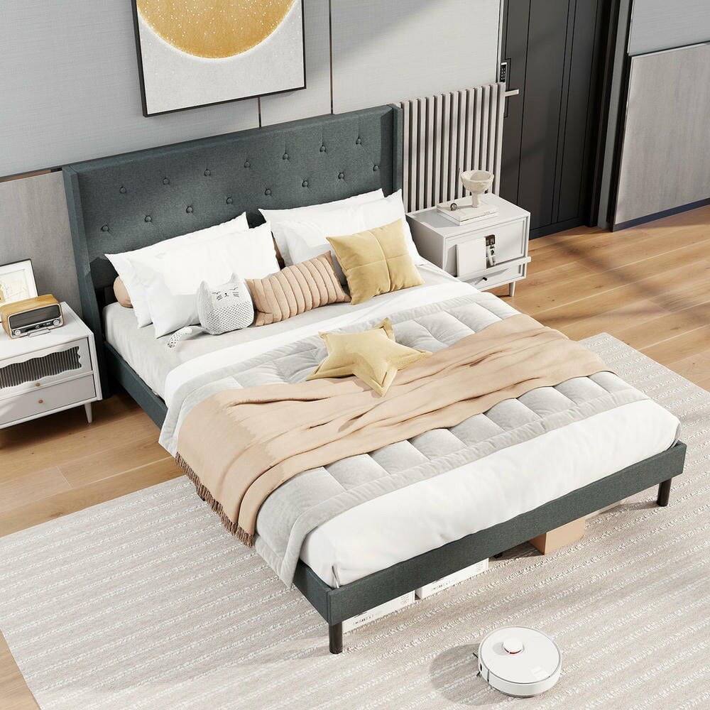 Alt View 4. Kadyn - Queen Size Upholstered Platform Bed with Button-Tufted Wingback Headboard, Features Sturdy Wood Slat Mattress Foundation - Gray.