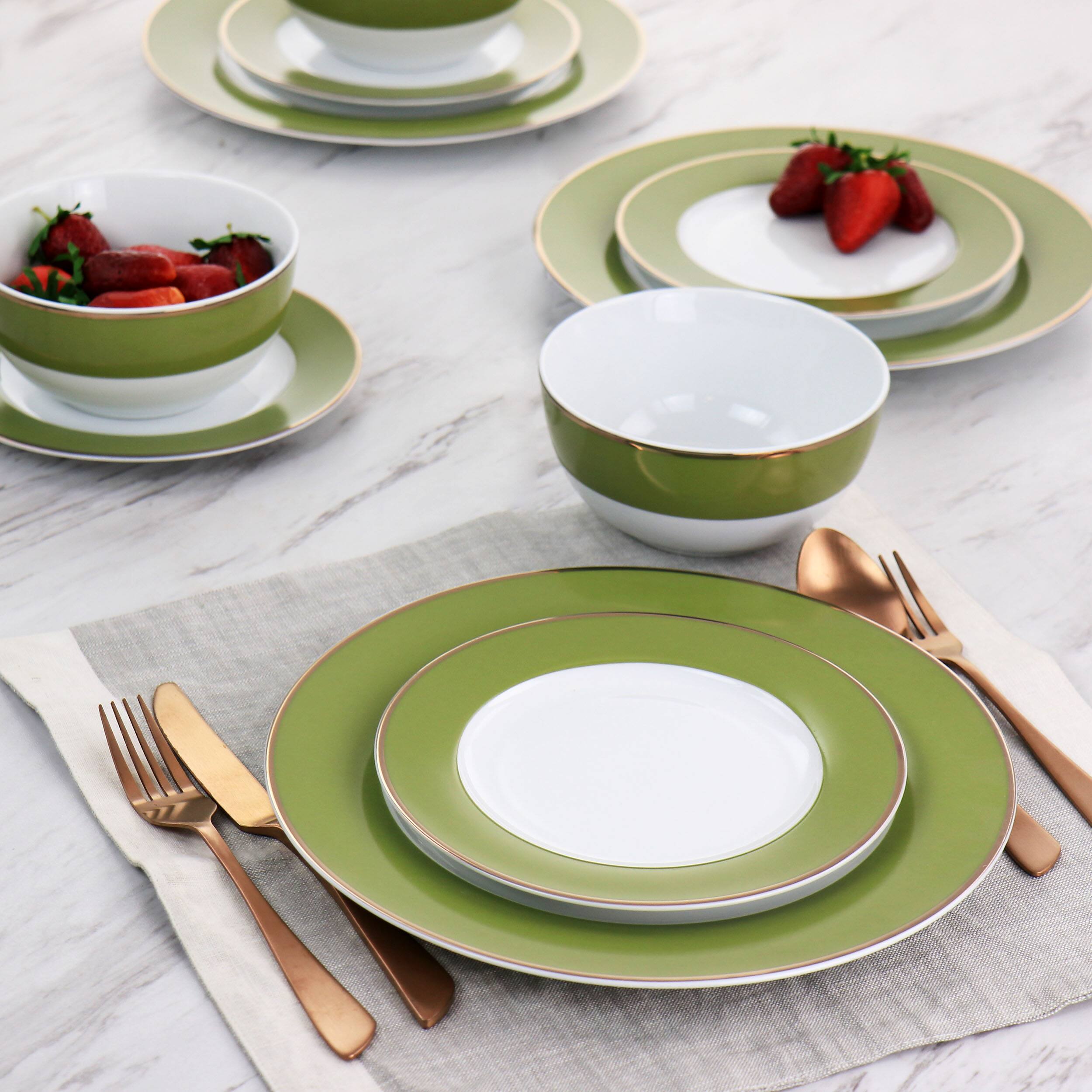 Alt View 6. Martha Stewart - Martha Stewart Gold Rimmed 12 Piece Fine Ceramic Dinnerware Set in Green - Green.
