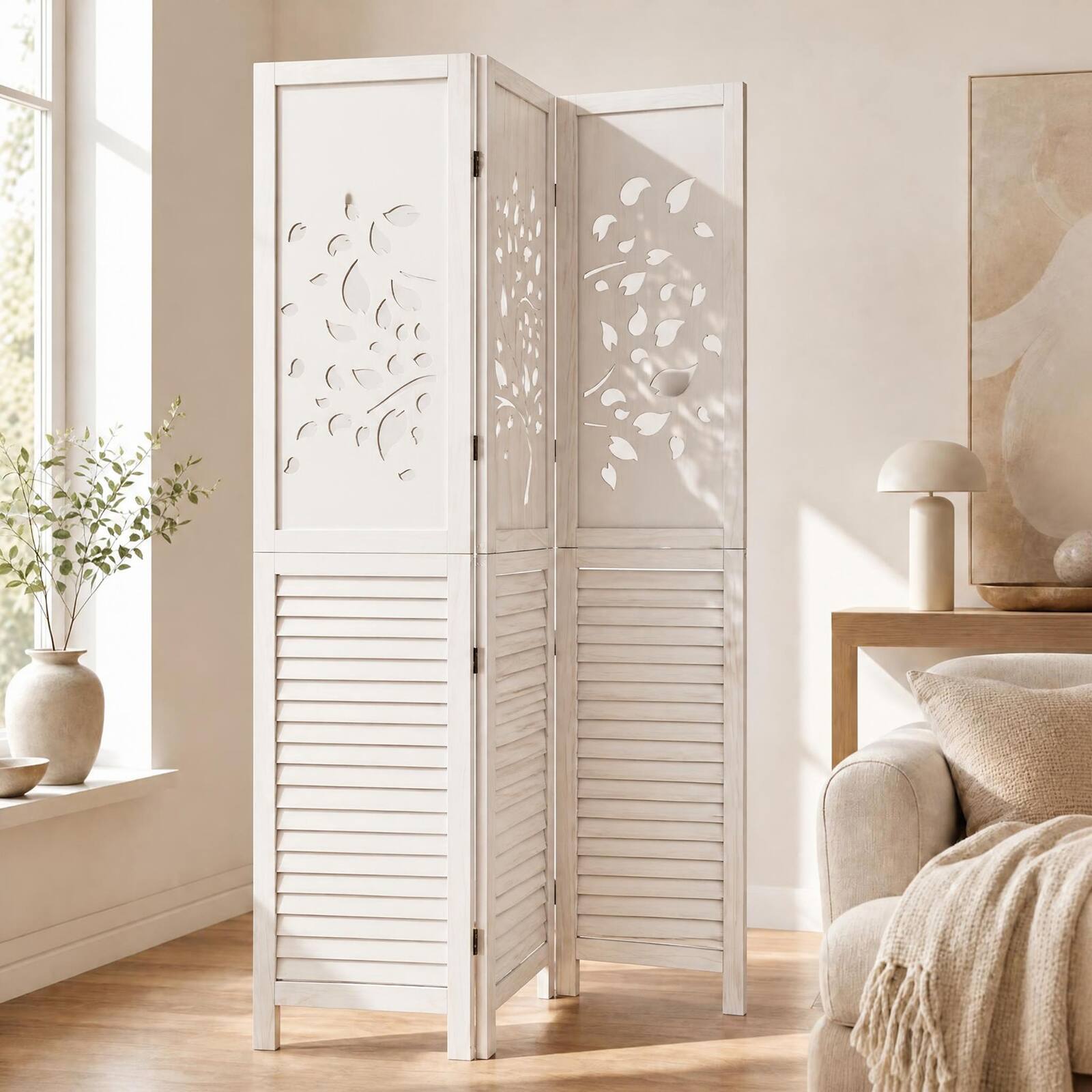 Alt View 1. Costway - Costway 67" Folding Room Divider, 3 Panel Wooden Privacy Screen with Tree & Leaves Cutout - White.