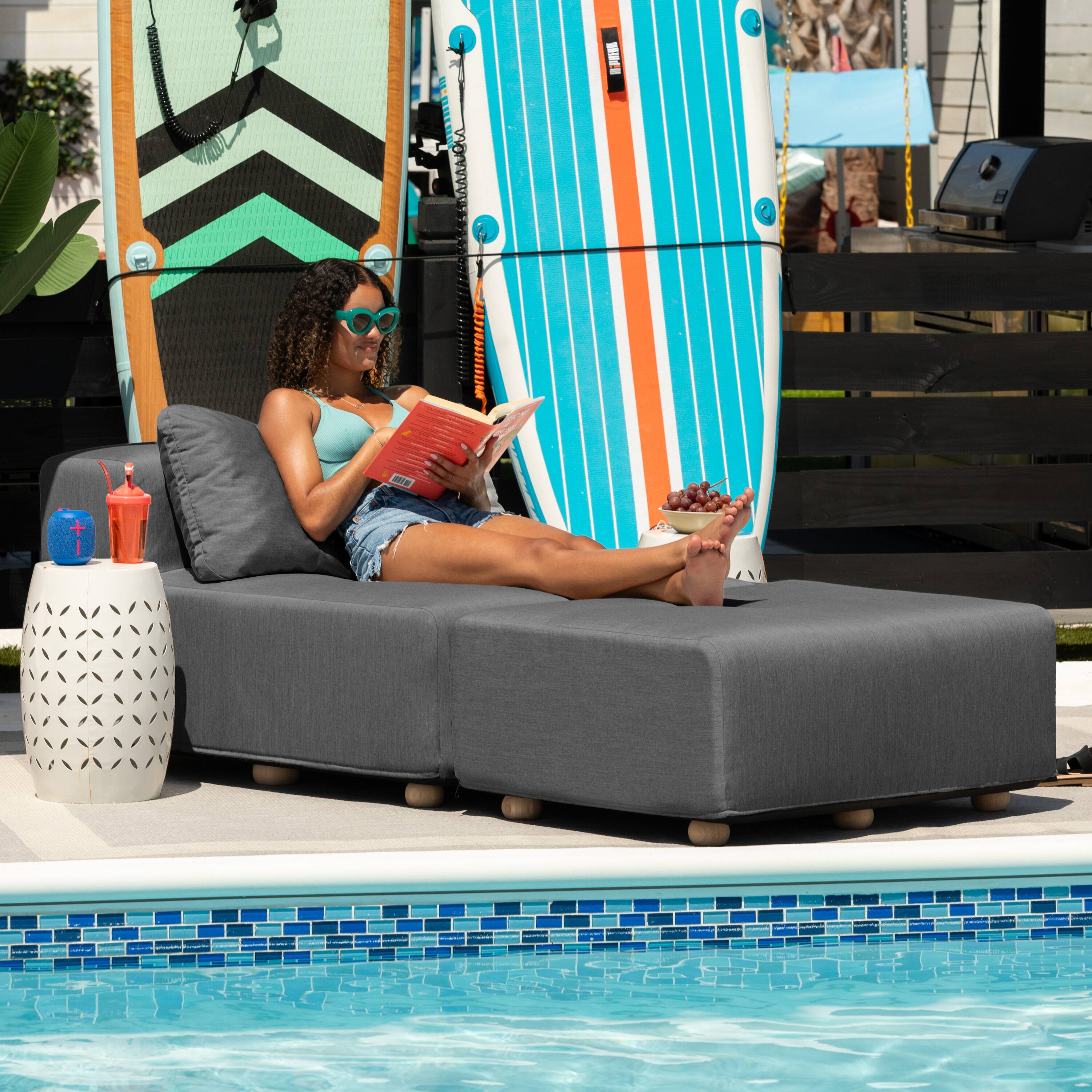 Left. Jaxx - Jaxx Vada Outdoor Sun Lounger Luxury Modular Chaise & Ottoman w/ Sunbrella Fabric & Waterproof Cover, Sunbrella Charcoal - Charcoal.