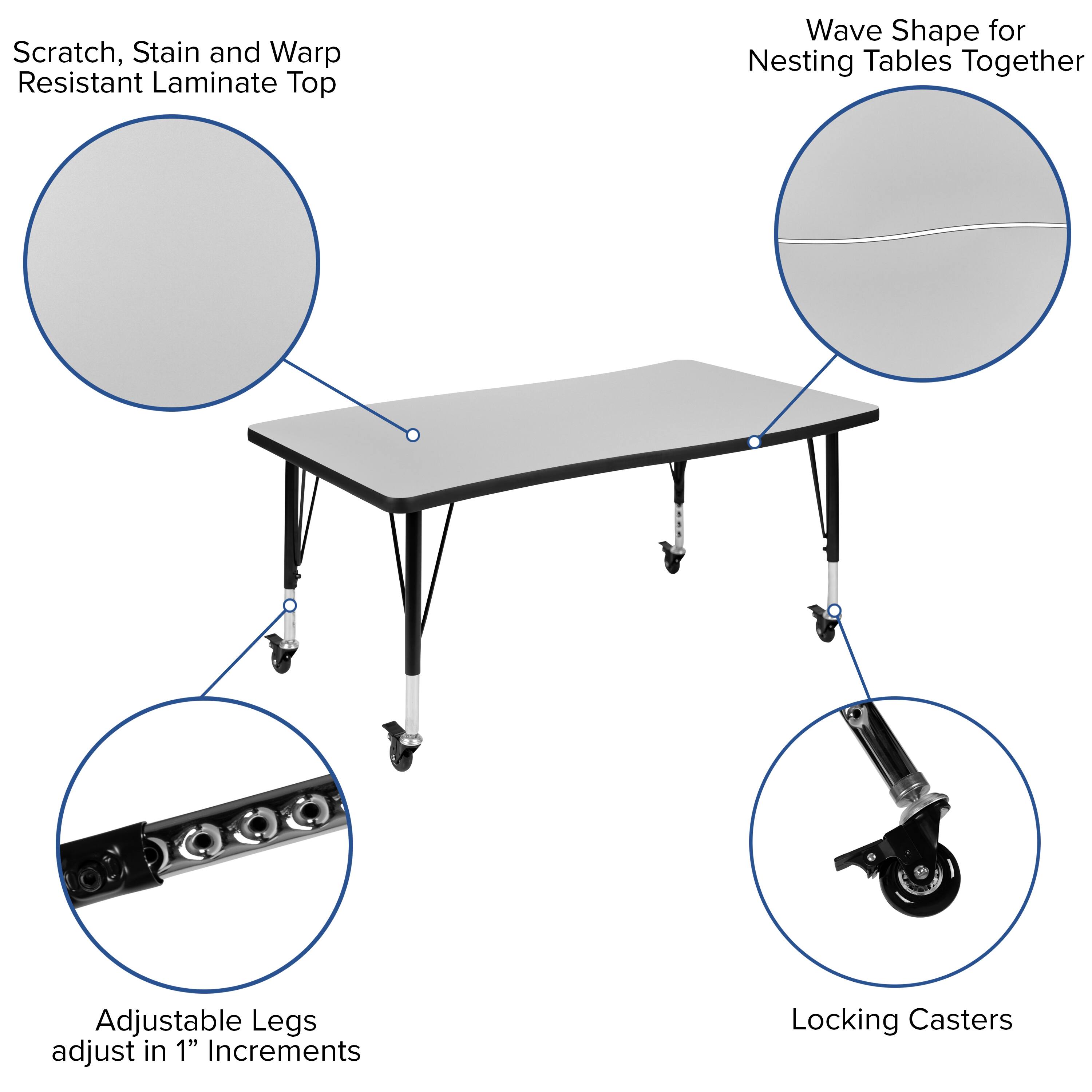 Scratch, Stain and Warp Resistant Laminate Top

Wave Shape for Nesting Tables Together

Adjustable Legs adjust in 1" Increments

Locking Casters