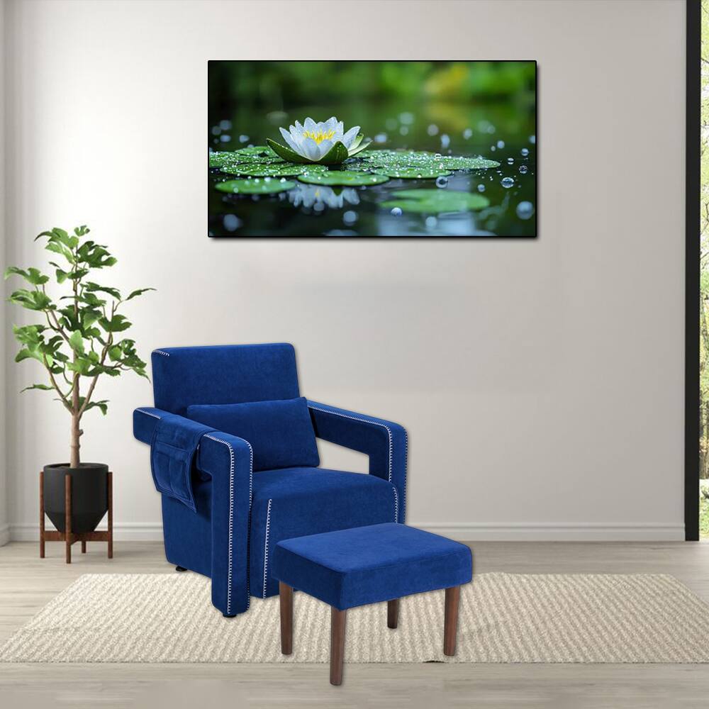 Front. Hivvago - Modern Living Room Armchair with Matching Ottoman and Waist Support Pillow - Blue.
