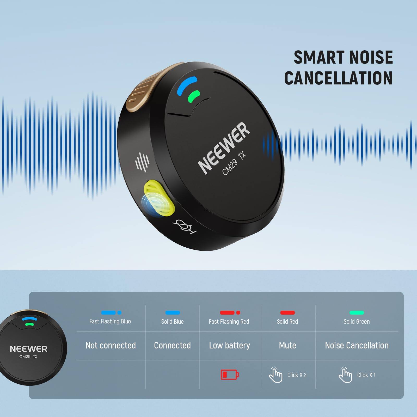 SMART NOISE CANCELLATION

NEEWER CM29 TX

- Fast Flashing Blue: Not connected
- Solid Blue: Connected
- Fast Flashing Red: Low battery
- Solid Red: Mute
- Solid Green: Noise Cancellation

Click X2: Mute
Click X1: Noise Cancellation