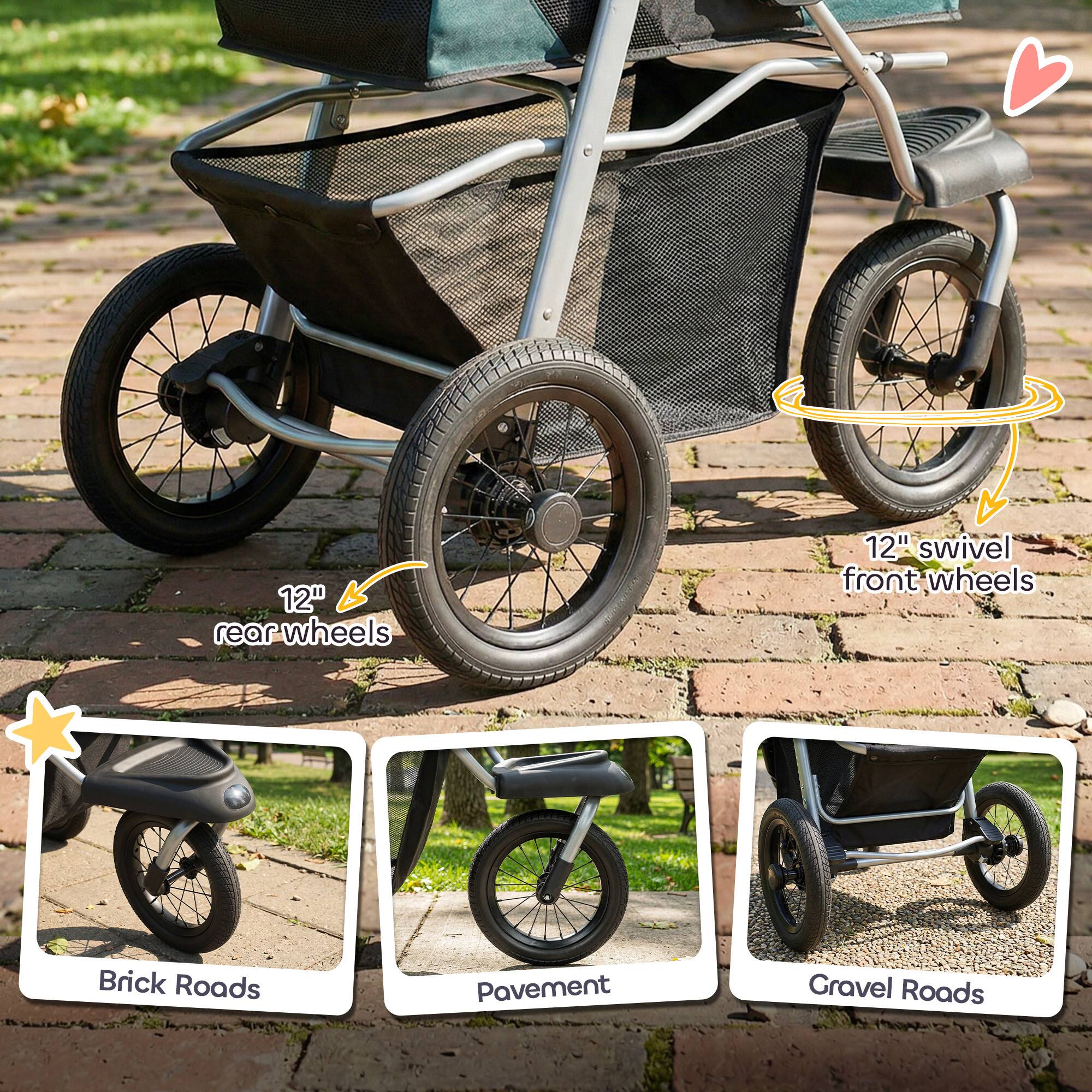 12" rear wheels  
12" swivel front wheels  

Brick Roads  
Pavement  
Gravel Roads