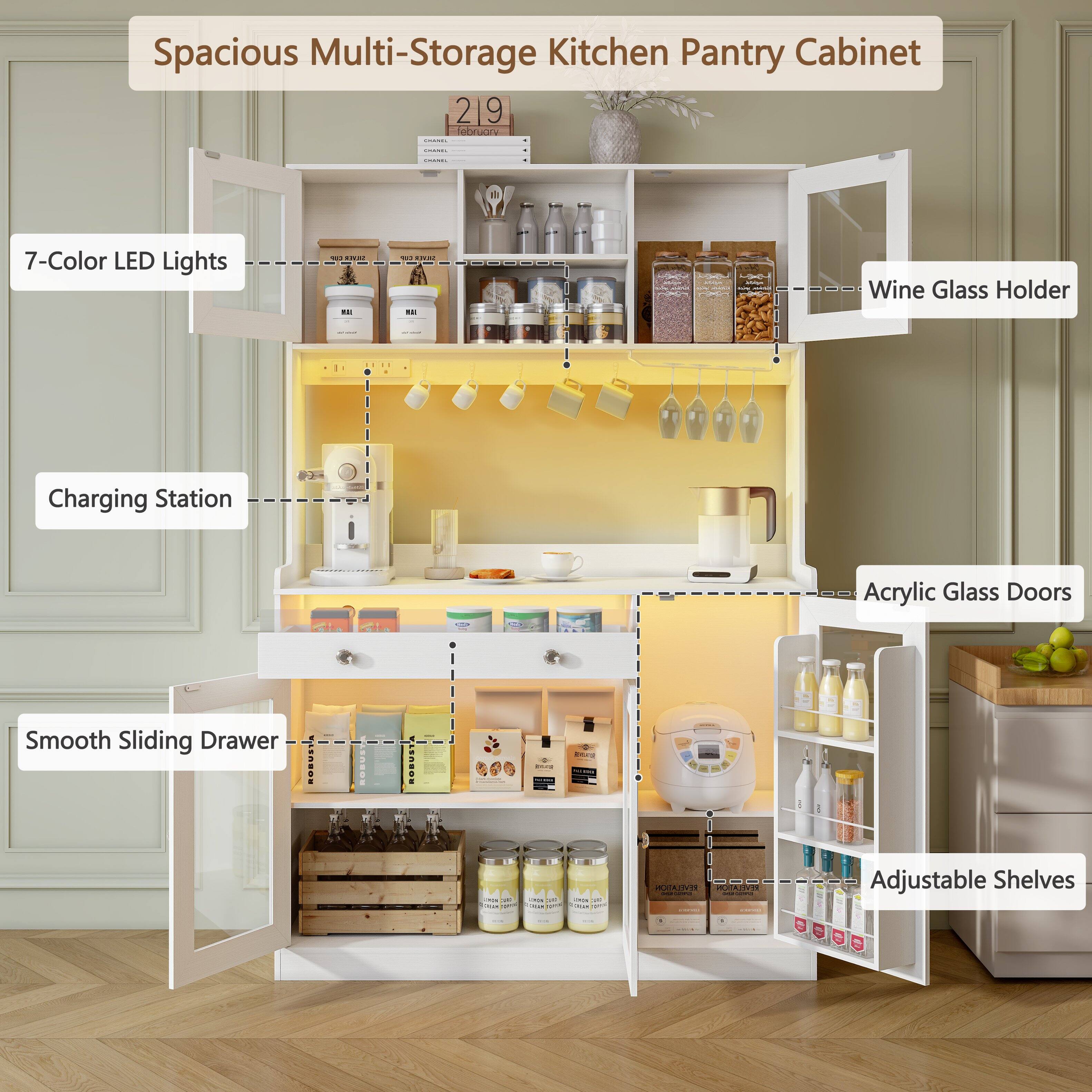 Spacious Multi-Storage Kitchen Pantry Cabinet

- 7-Color LED Lights
- Wine Glass Holder
- Charging Station
- Acrylic Glass Doors
- Smooth Sliding Drawer
- Adjustable Shelves