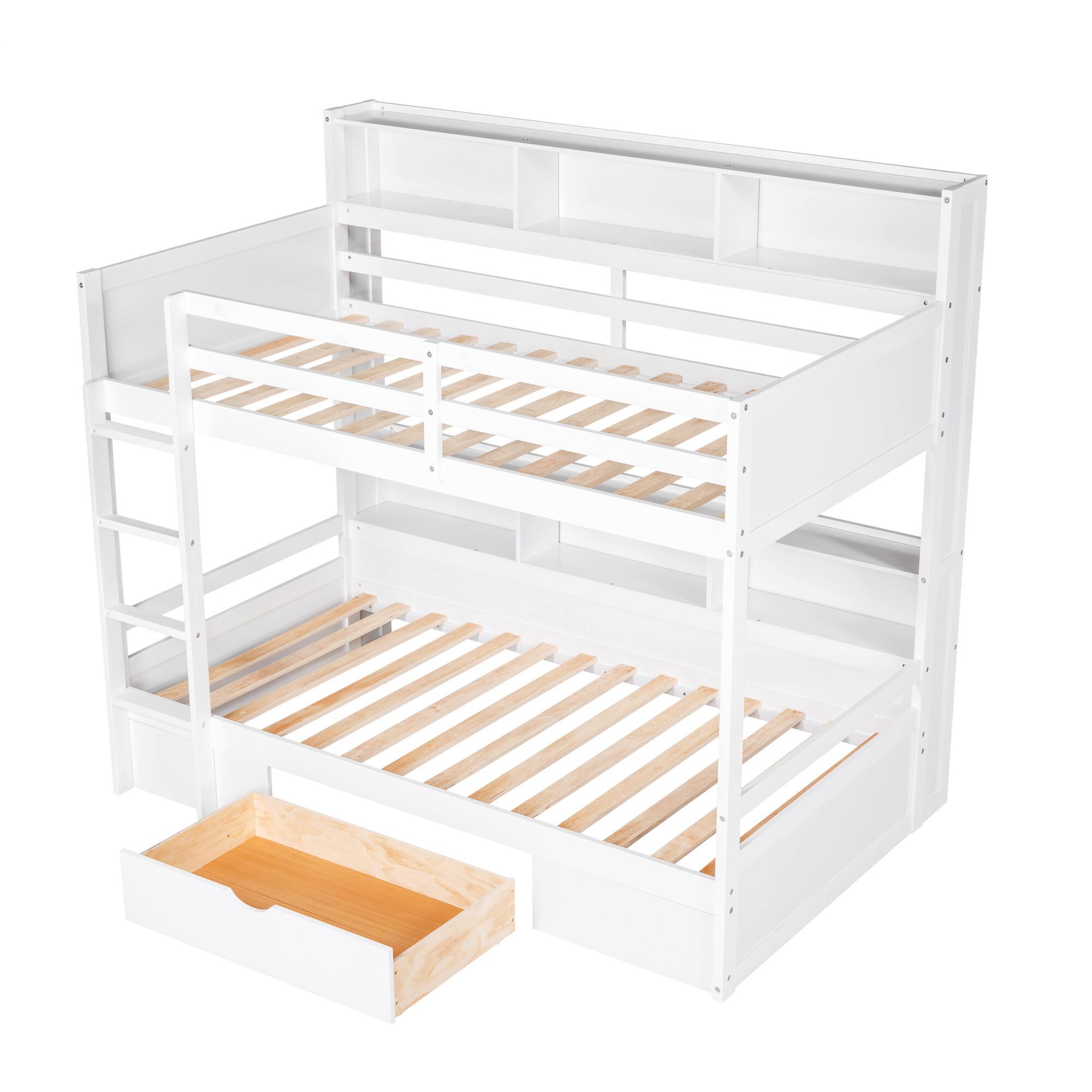 Alt View 1. Anysun - Twin Size Bunk Bed with Built-in Shelves & Storage Drawer, Space-Saving Wooden Bunk Bed for Kids or Dorm Room - White.