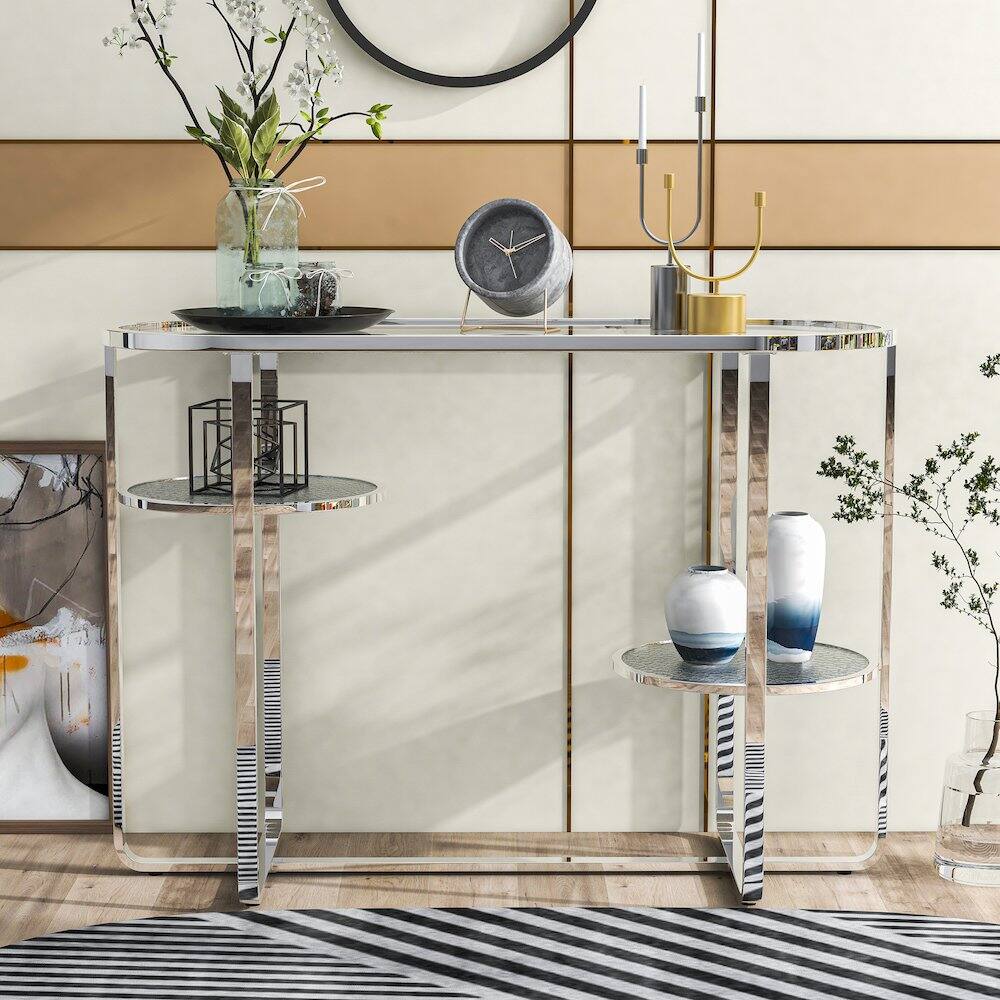 Alt View 4. Furniture of America - Ludington Metal 2-Shelf Sofa Table in Chrome - Silver.