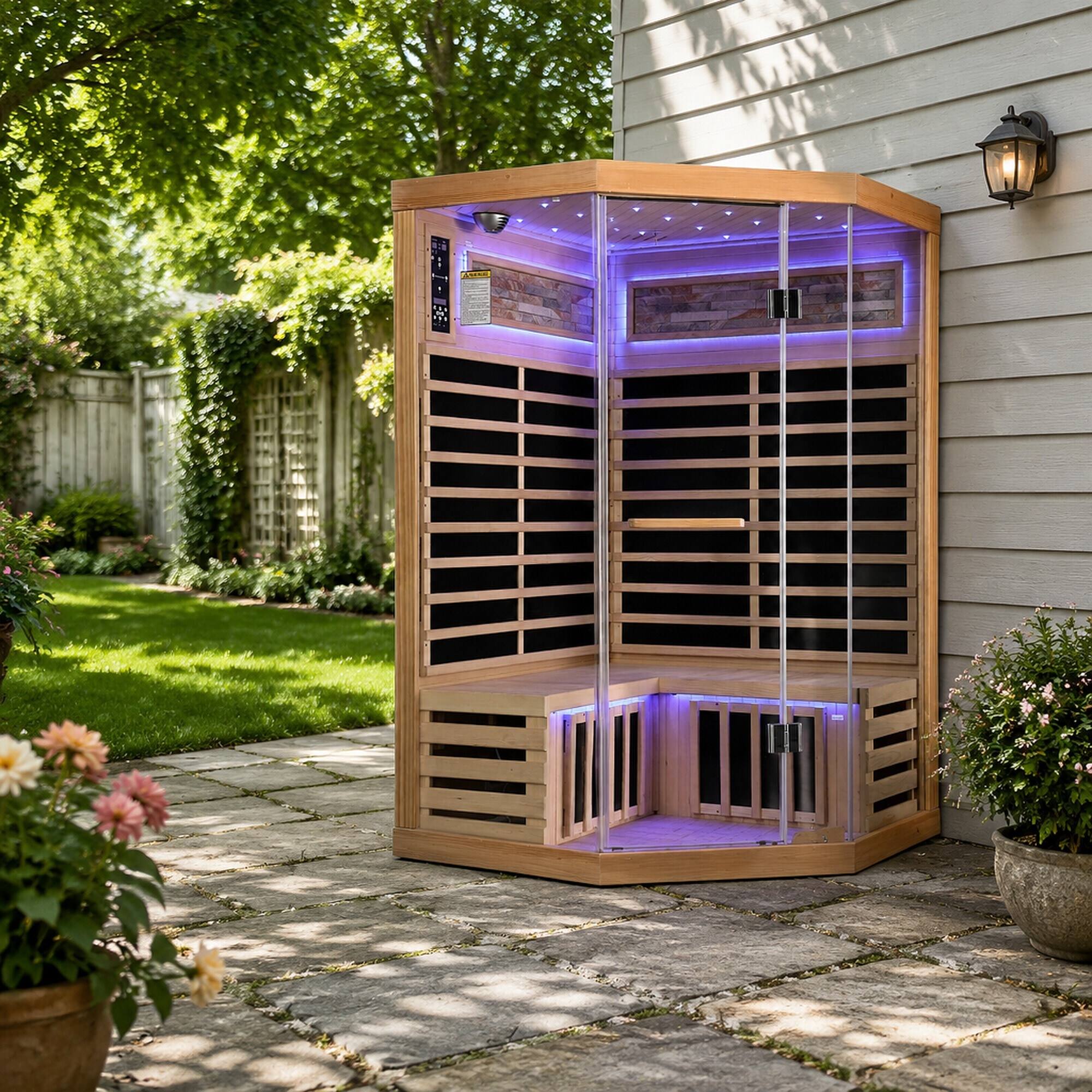 Alt View 2. RYHNUYNE - Double Sauna Room, 120 x 120 x 190 cm, Canadian Hemlock Wood, 1935W Carbon Plate Heating, 7 Heating Plates, Starry Sky - Ameican White Oak.
