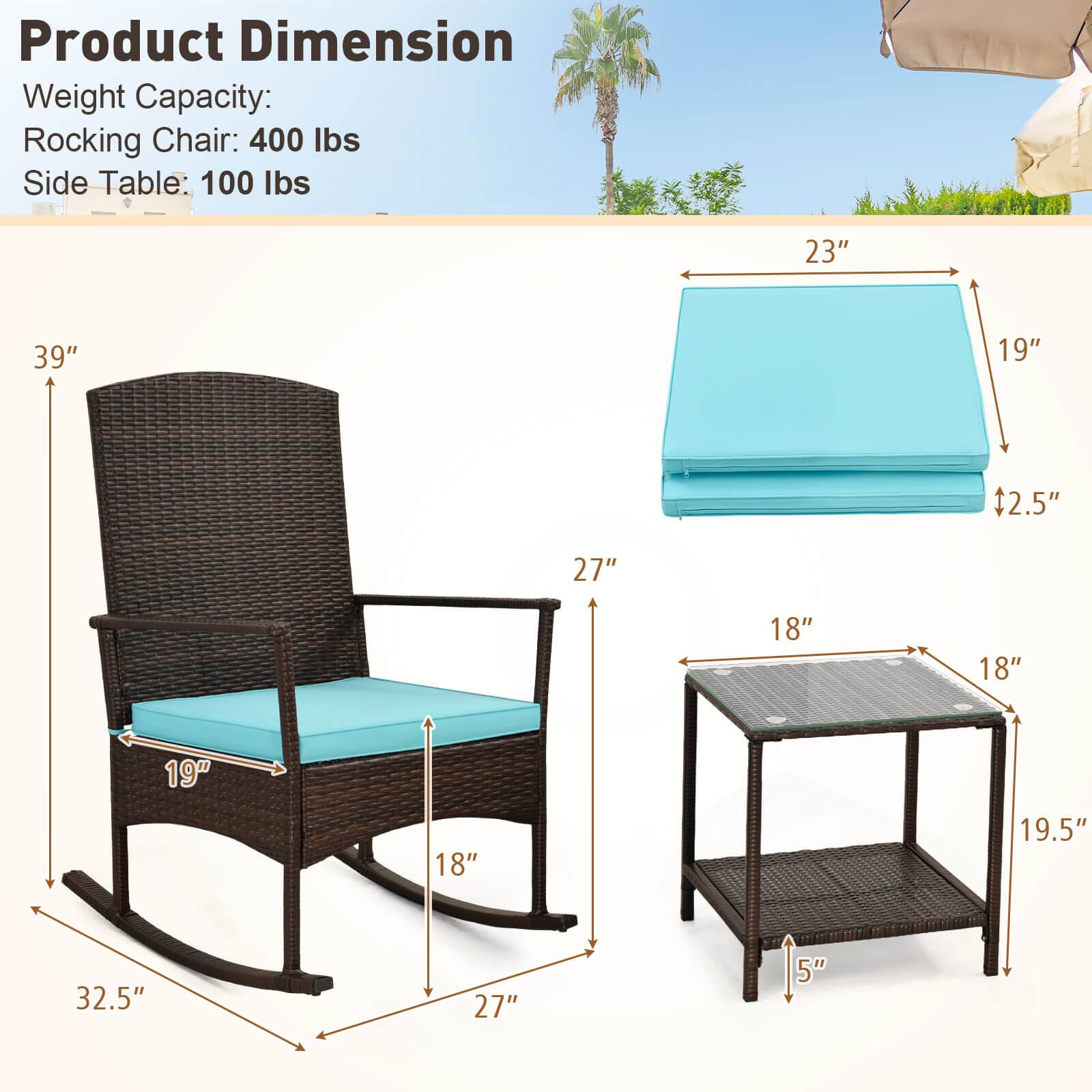 Product Dimension  
Weight Capacity:  
Rocking Chair: 400 lbs  
Side Table: 100 lbs  

- Rocking Chair:  
  - Height: 39"  
  - Width: 23"  
  - Depth: 19"  
  - Seat Height: 18"  
  - Armrest Height: 27"  
  - Base Width: 32.5"  
  - Base Depth: 27"  

- Side Table:  
  - Height: 18"  
  - Width: 18"  
  - Depth: 19.5"  
  - Top Thickness: 5"  
  - Cushion Thickness: 2.5"