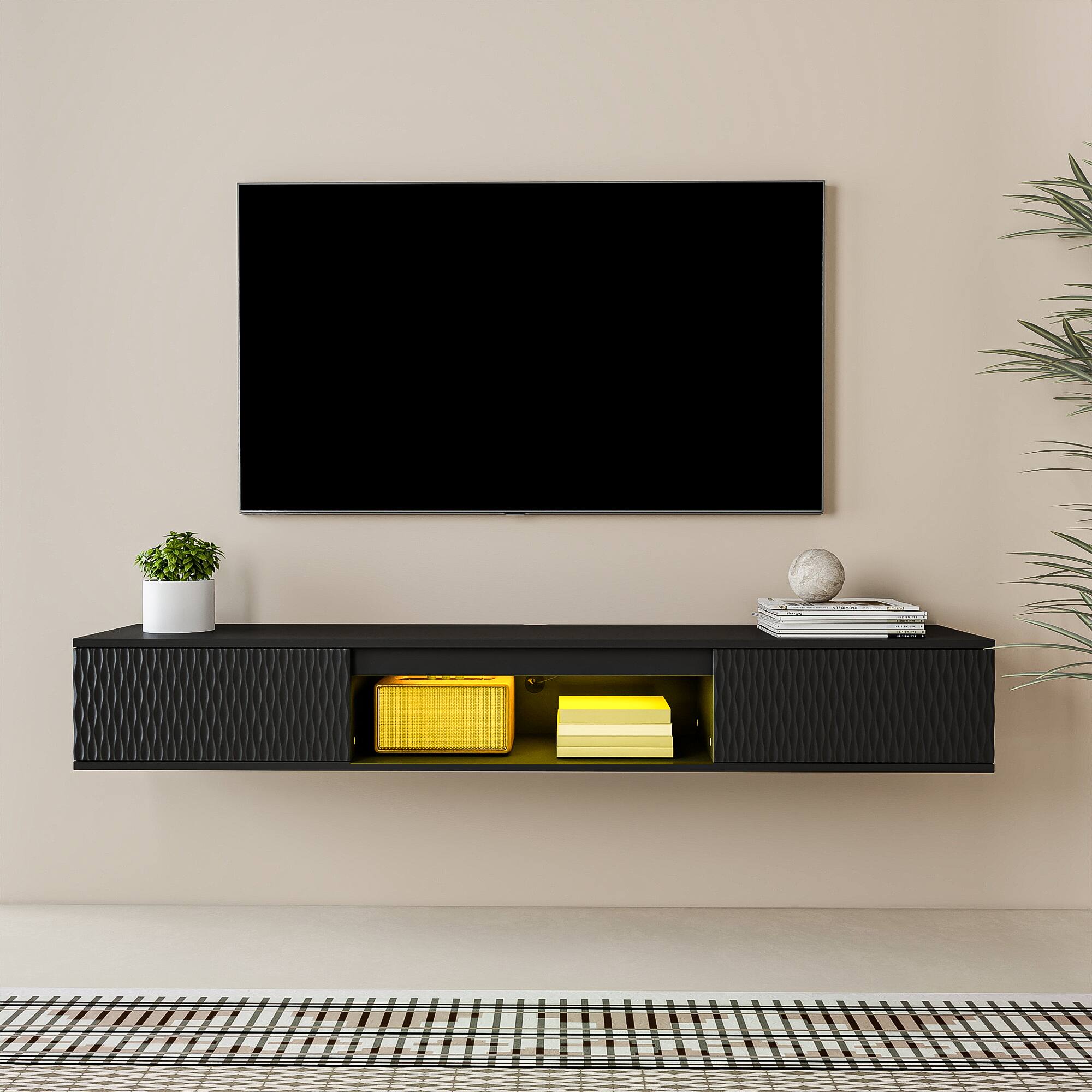 Alt View 1. Kadyn - Wall-Mounted Floating TV Stand with LED Lighting and Textured Wave  Design - Black.