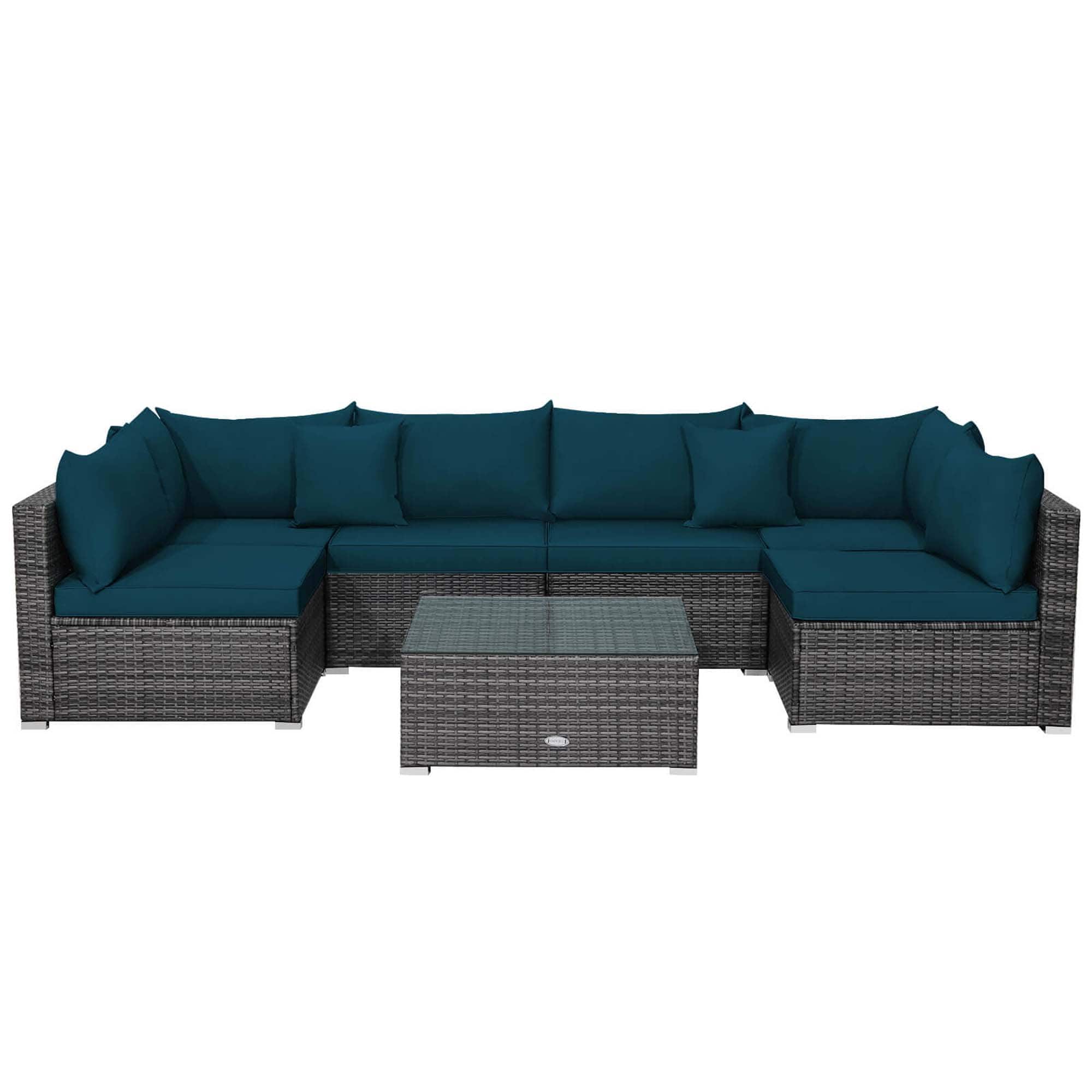 Front. Costway - 7PCS Patio Rattan Furniture Set Sectional Sofa Cushioned Garden Peacock - Peacock Blue.