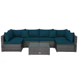 Costway - 7PCS Patio Rattan Furniture Set Sectional Sofa Cushioned Garden Peacock - Peacock Blue