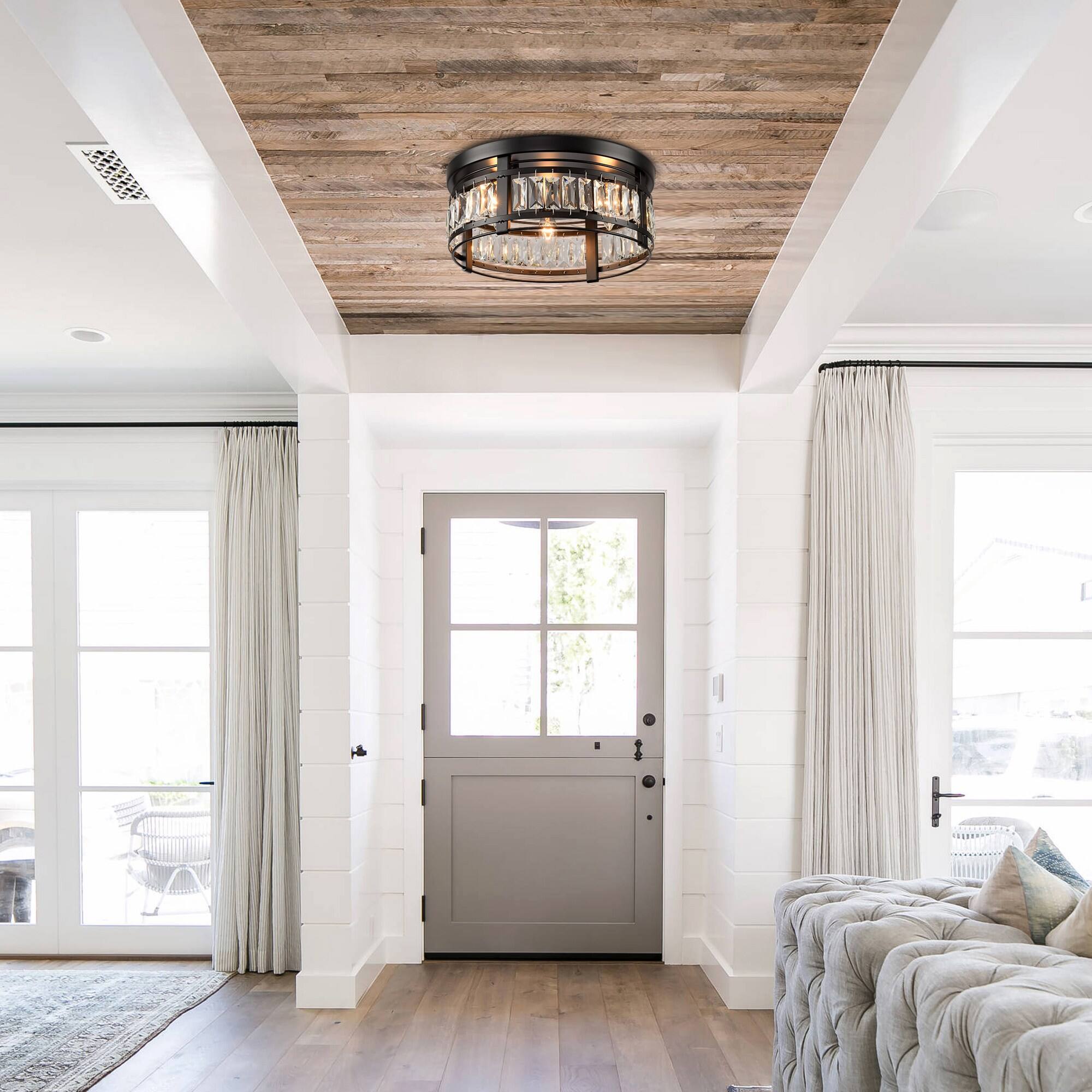 Angle. Parrot Uncle - 13.3" Modern Black 3-Light Crystal Hallway Flush Mount Chandelier - Black.