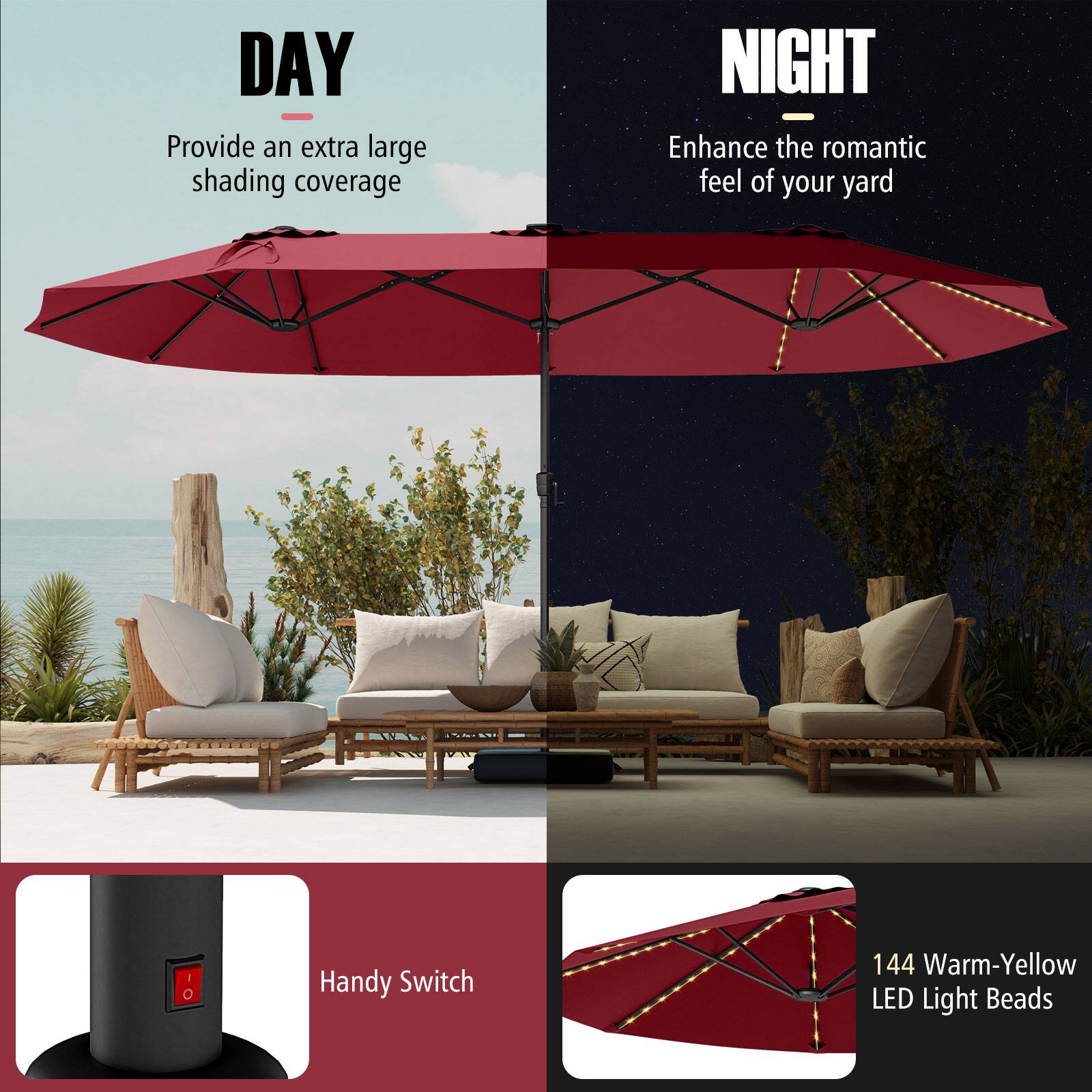 DAY - Provide extra large shading coverage NIGHT - Enhance the romantic feel of your yard Handy Switch 144 Warm-Yellow LED Light Beads