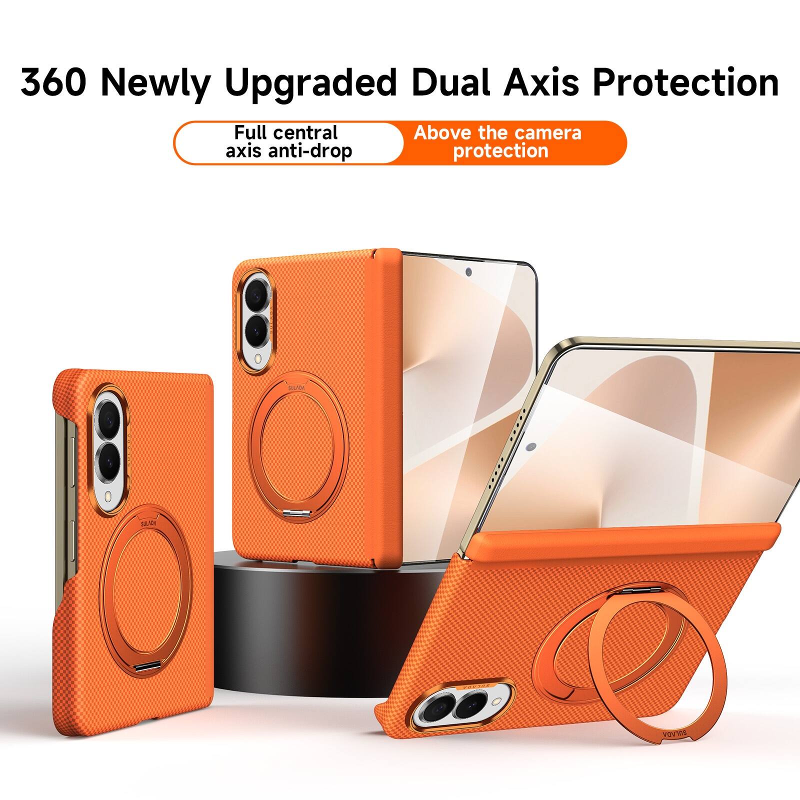 Dteck - for Samsung Galaxy Z Fold8 Magnetic PU Leather Case with Rotating Ring Kickstand,Full Hinge Protection PC Back Cover - Orange