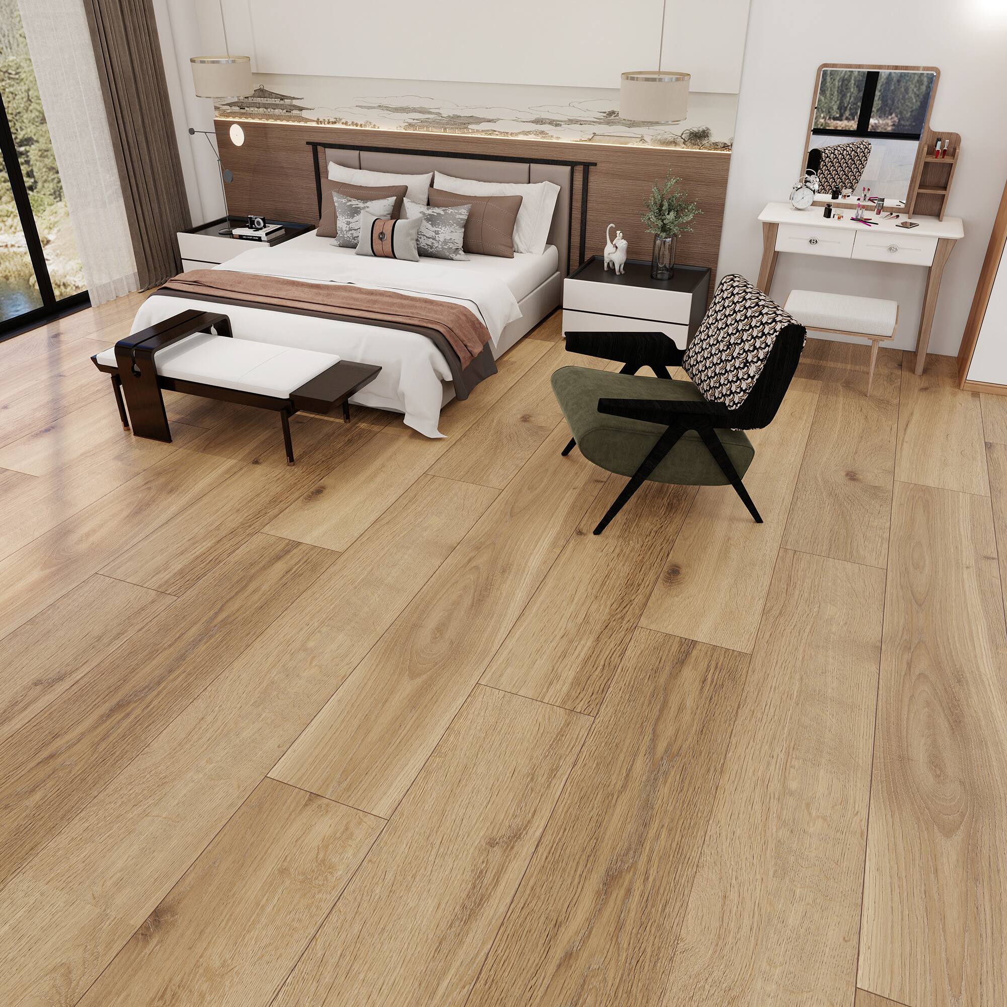 Left. Dotfloor - Superoak PLUS Laminate Flooring - 72.7"x9.6" Planks, 6 Planks/Box (27.09 sq ft/Box), 12mm Thick, AC5 Wear Rating - Classic Hickory.