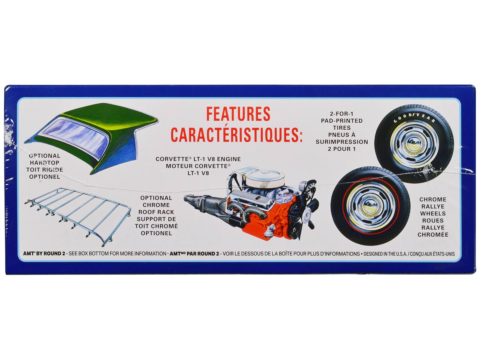 **Features / Caractéristiques:**

- **Optional Hardtop / Toit Rigide Optionnel**
- **Corvette® LT-1 V8 Engine / Moteur Corvette® LT-1 V8**
- **Optional Chrome Roof Rack / Support de Toit Chromé Optionnel**
- **2-For-1 Pad-Printed Tires / Pneus à Surimpression 2 Pour 1**
- **Chrome Rallye Wheels / Roues Rallye Chromée**

**AMT® by Round 2 - See Box Bottom for More Information / AMT® par Round 2 - Voir le Dessous de la Boîte pour Plus d'Informations**

**Designed in the U.S.A. / Conçu aux États-Unis**