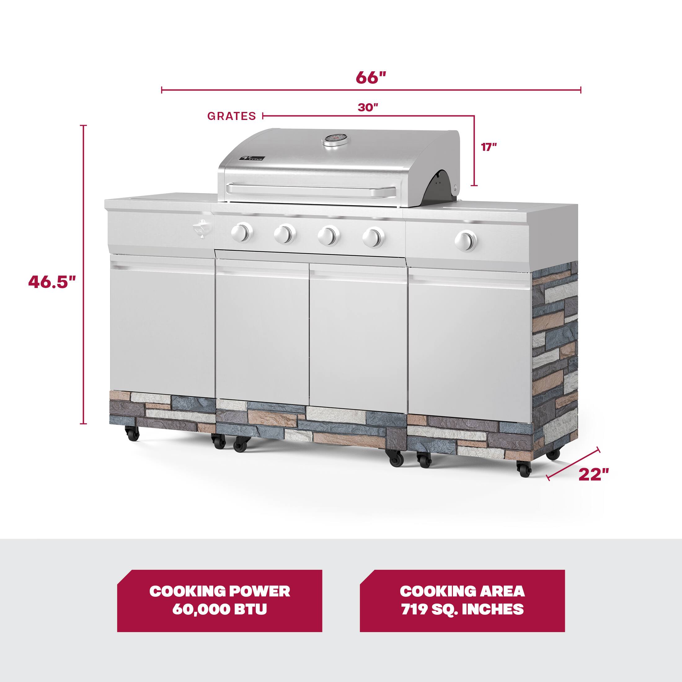The text on the image reads: "66" Grates 30" n - 17" 46.5" 22" Cooking Power 60,000 BTU Cooking Area 719 Sq. Inches."