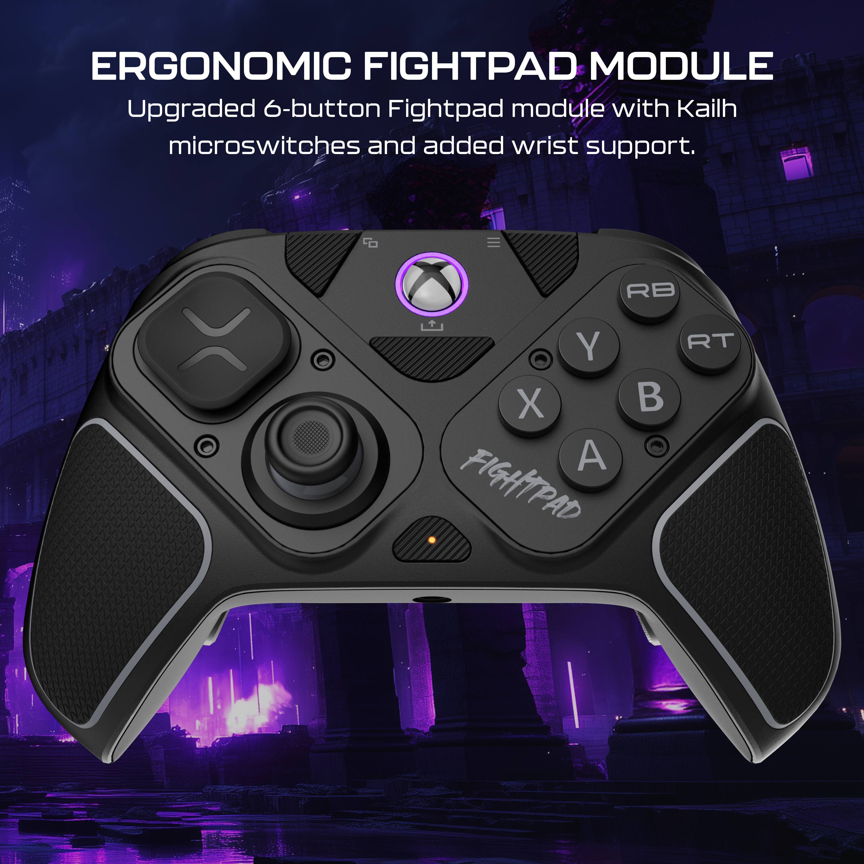 ERGONOMIC FIGHTPAD MODULE
Upgraded 6-button Fightpad module with Kailh microswitches and added wrist support.
E > RB Y RT X B A FIGHTPAD