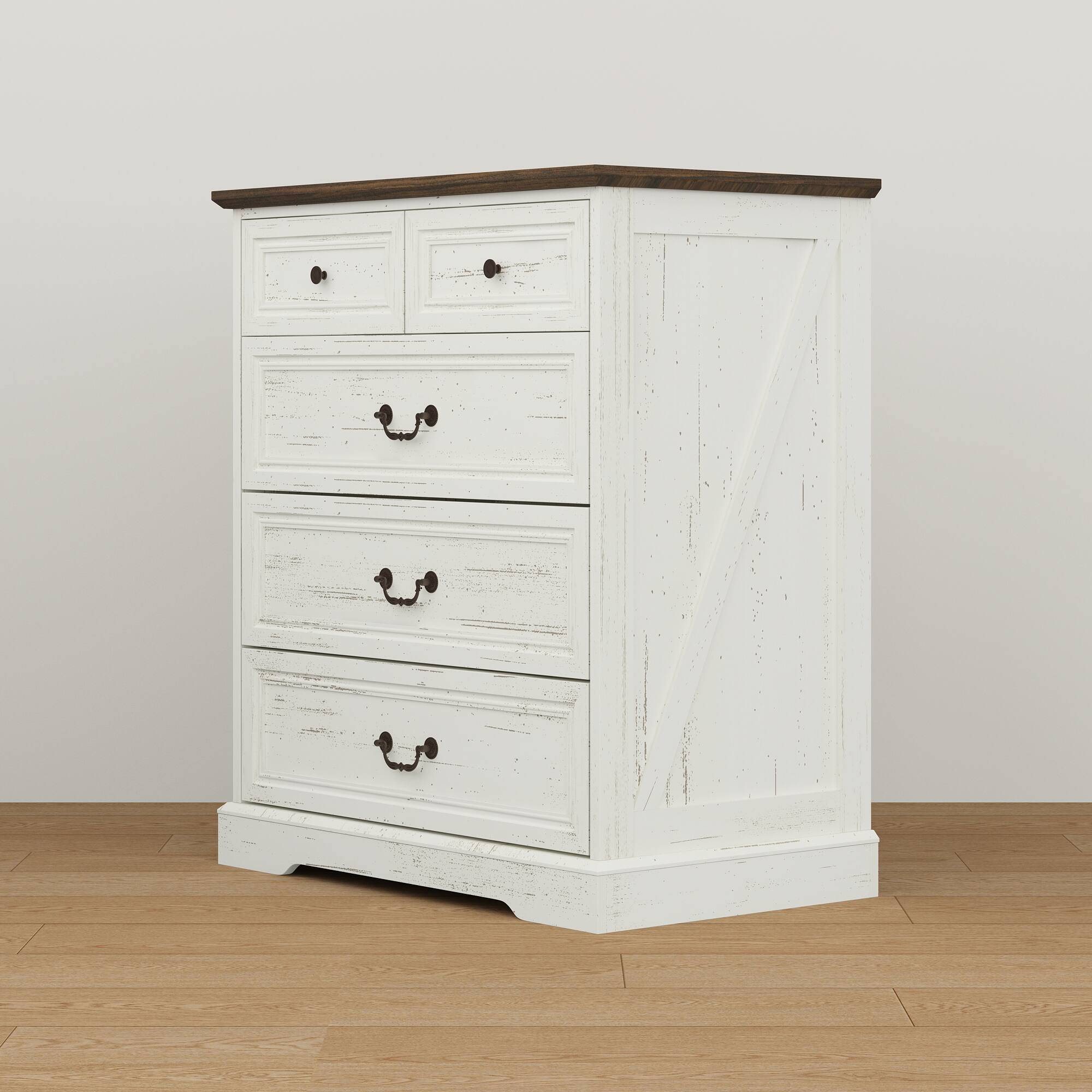 Alt View 10. FUFU & GAGA - Vintage 5-Drawer Dresser Chest - Distressed Finish Bedroom Storage Organizer with Bronze Hardware for Clothes, Linens - Distressed white.