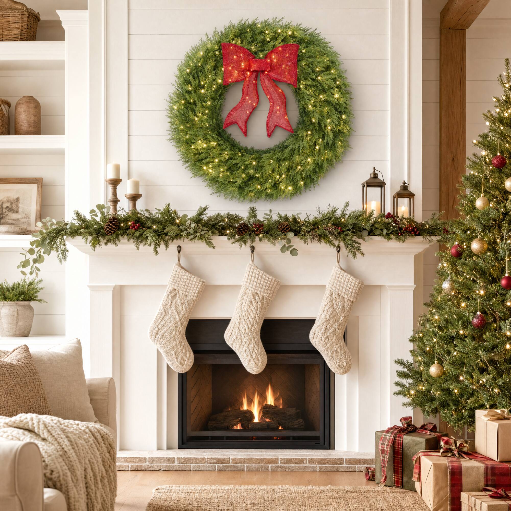 Alt View 8. Best Choice Products - Best Choice Products 24in Artificial Christmas Wreath w/Twinkling LEDs, Large Pre-Lit Cedar Cypress w/ Lighted Bow Decor - Solid Green.