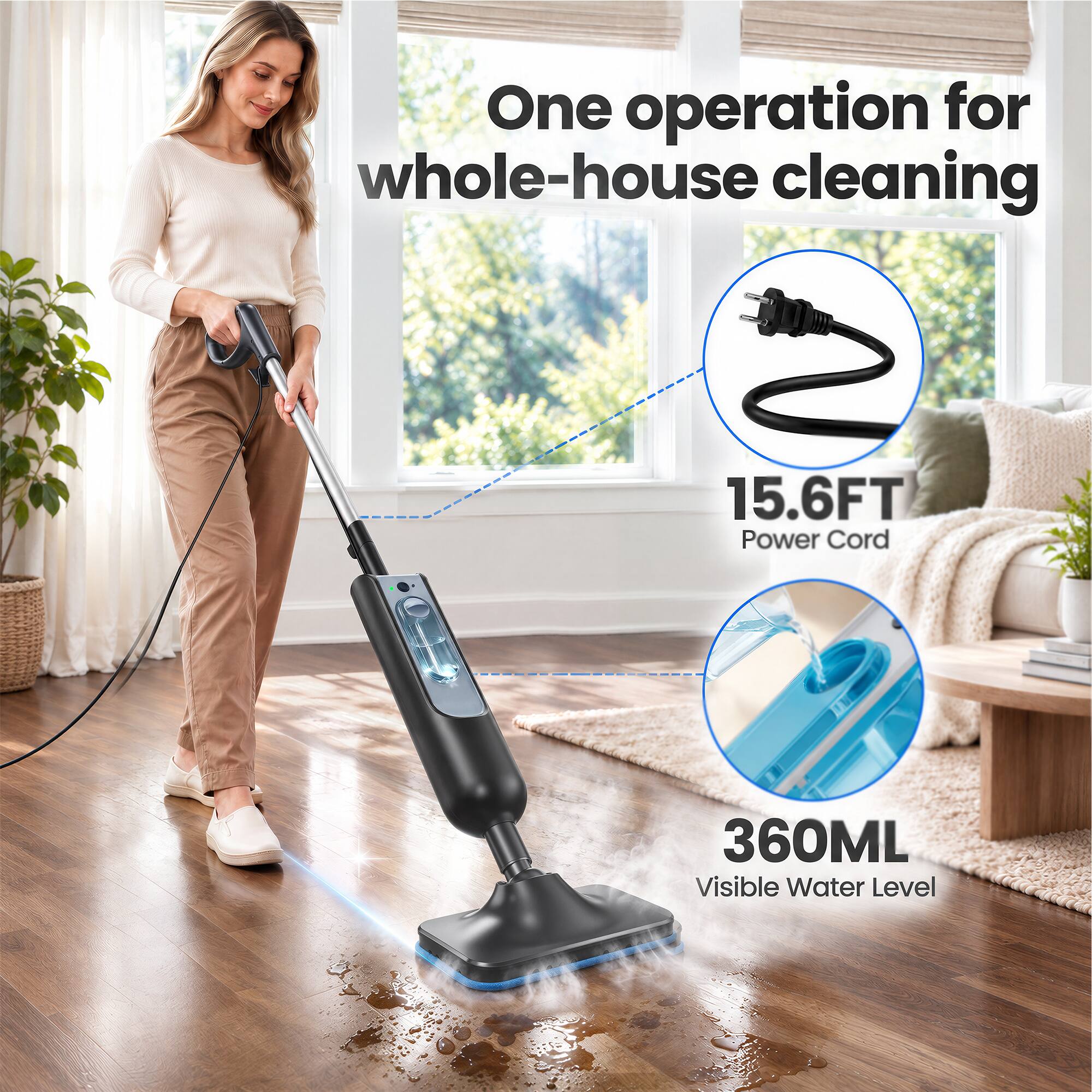 One operation for whole-house cleaning

15.6FT Power Cord

360ML Visible Water Level