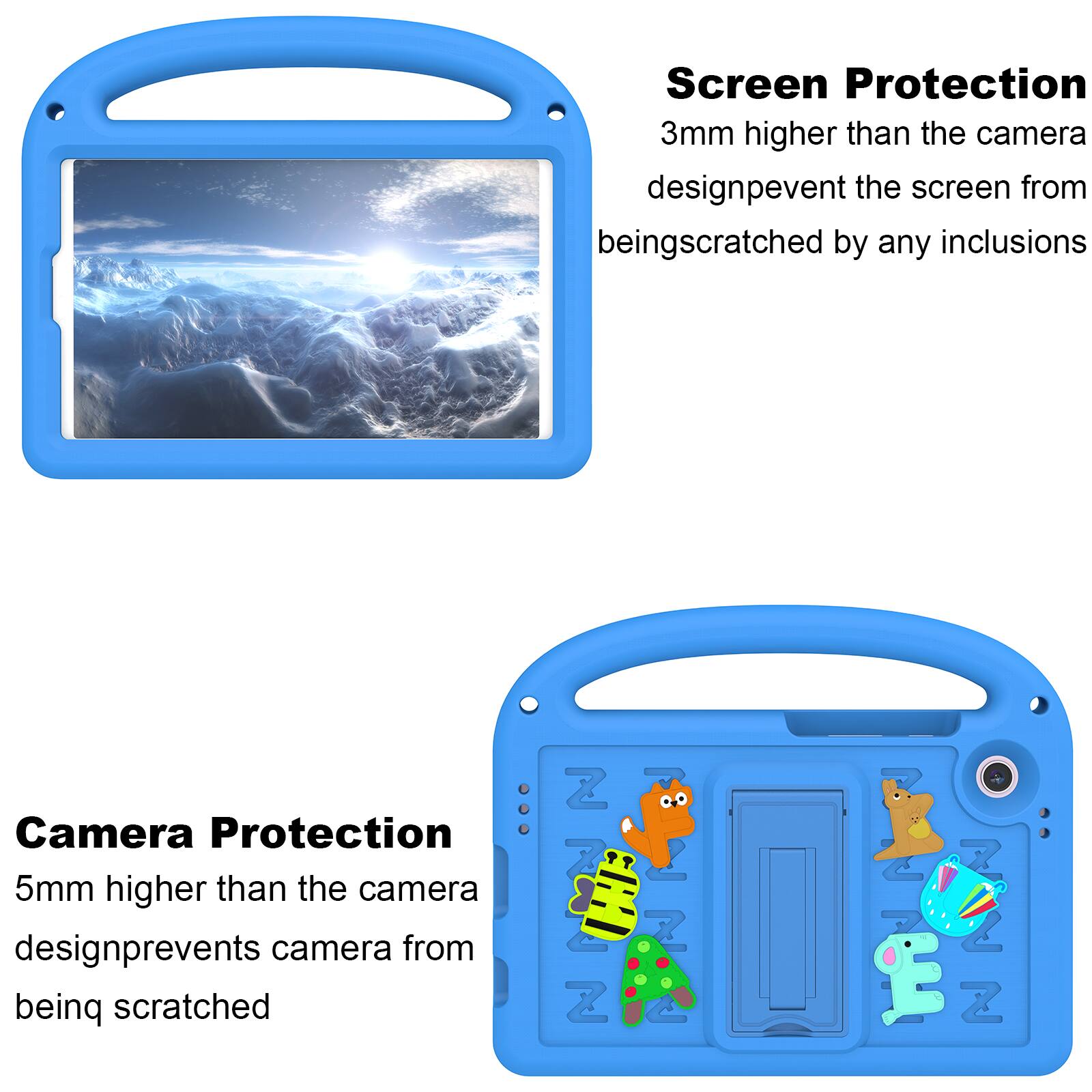 Screen Protection  
3mm higher than the camera design prevents the screen from being scratched by any inclusions

Camera Protection  
5mm higher than the camera design prevents the camera from being scratched