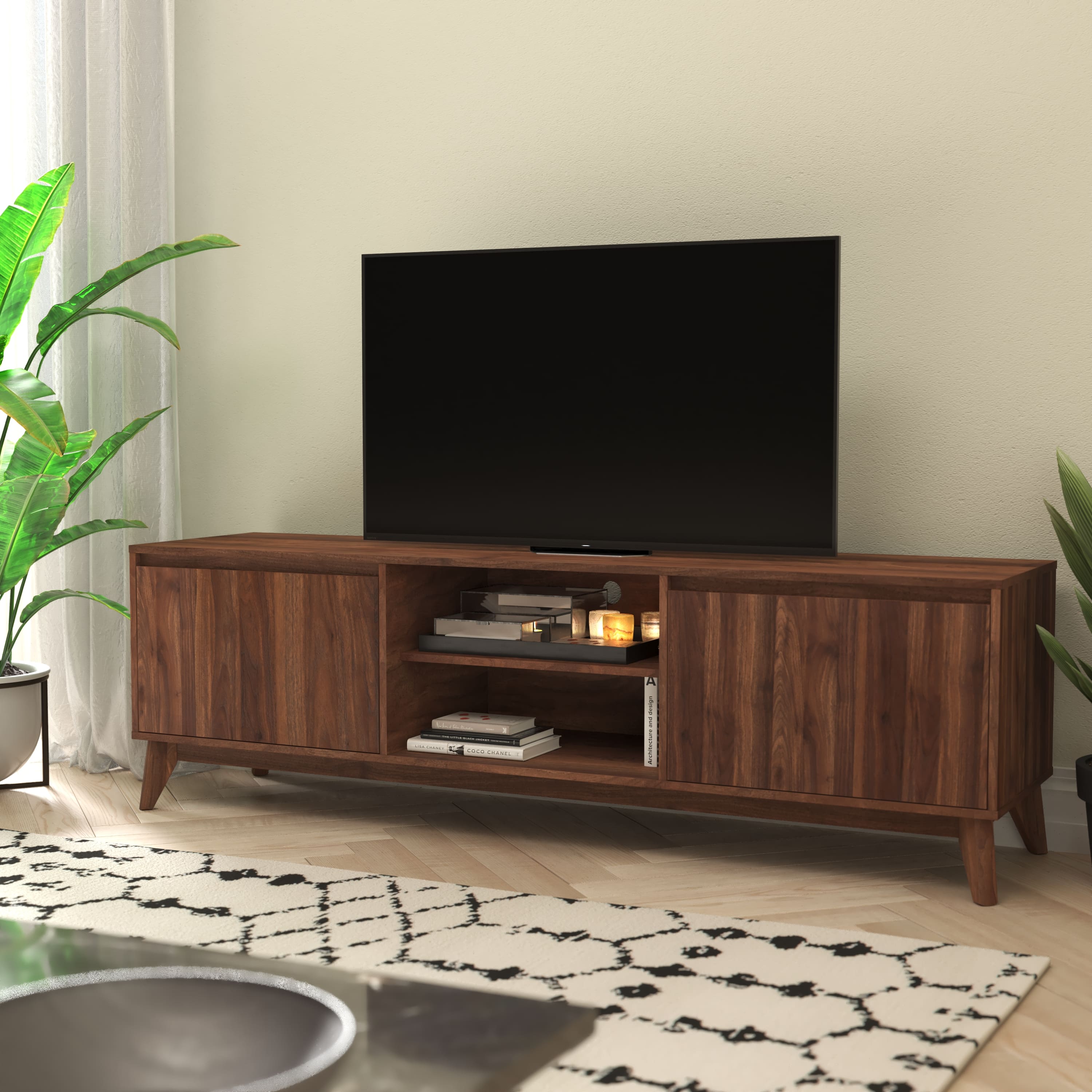 Emma + Oliver - Beverly Mid-Century Modern Wooden TV Stand with Soft Close Doors, Shelf, Cord Management Hole and Tapered Legs - Dark Walnut
