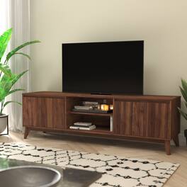 Emma + Oliver - Beverly Mid-Century Modern Wooden TV Stand with Soft Close Doors, Shelf, Cord Management Hole and Tapered Legs - Dark Walnut