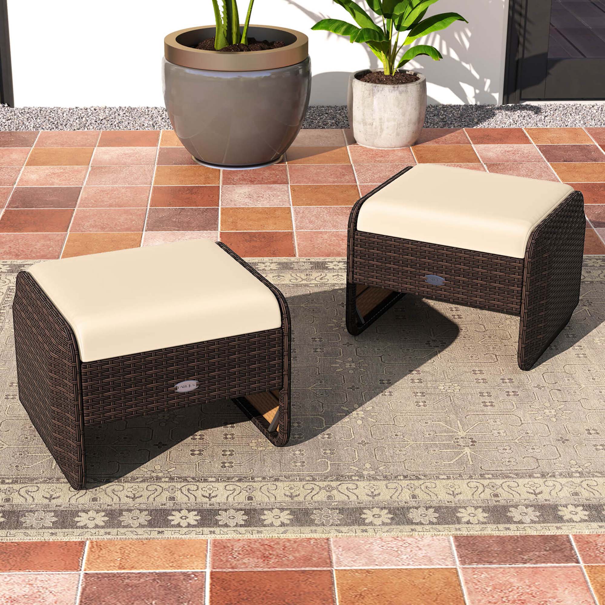 Angle. Costway - 2 Pieces Outdoor Patio PE Wicker Ottomans with Removable Cushions Footstools - Mixed Brown + Beige.