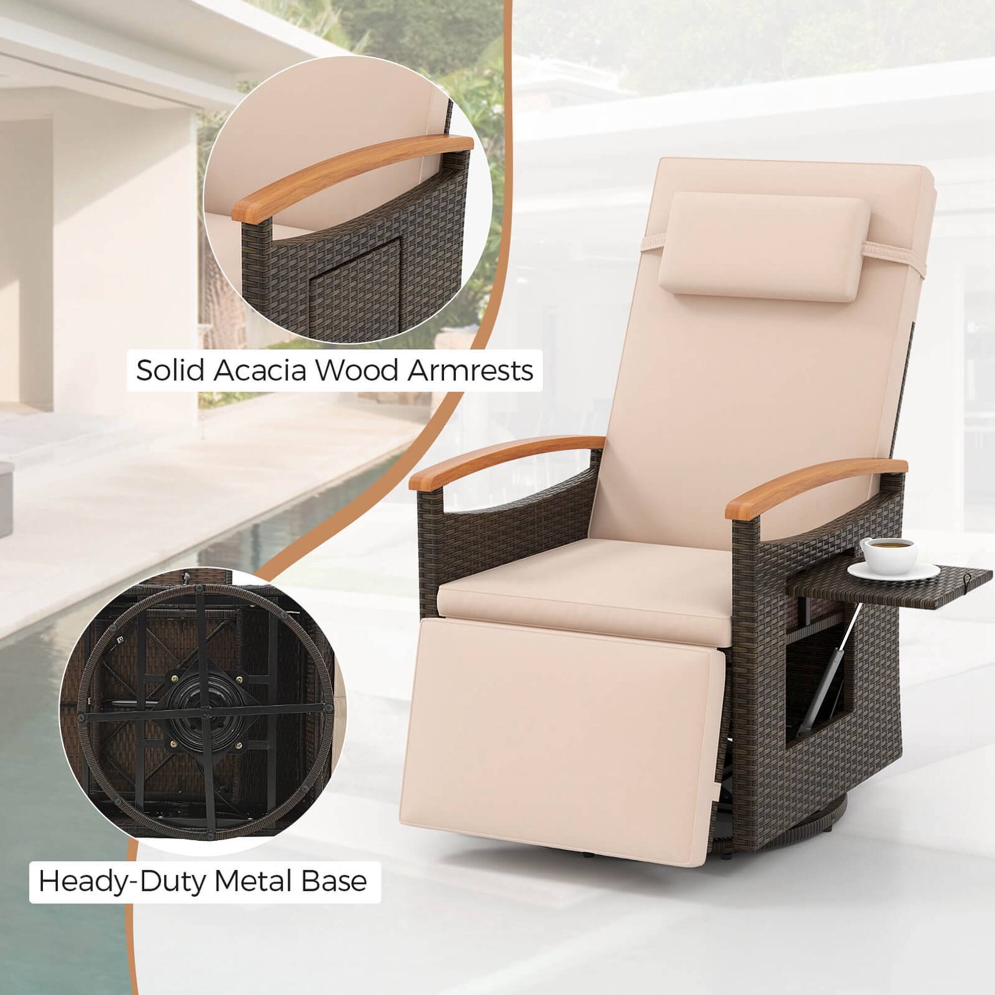 The text on the image reads "Solid Acacia Wood Armrests Heavy-Duty Metal Base."