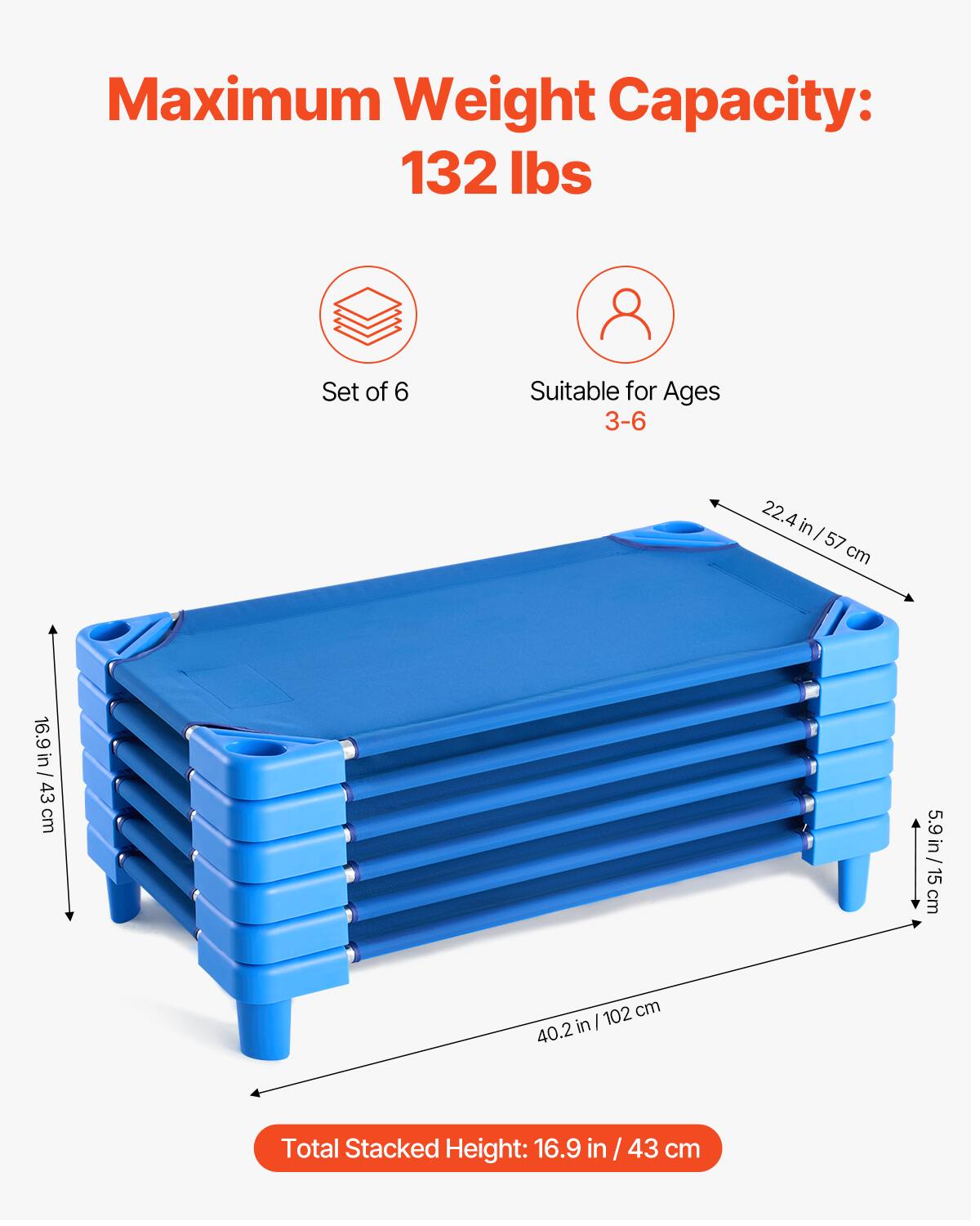 Maximum Weight Capacity: 132 lbs

Set of 6

Suitable for Ages 3-6

22.4 in / 57 cm

16.9 in / 43 cm

5.9 in / 15 cm

40.2 in / 102 cm

Total Stacked Height: 16.9 in / 43 cm